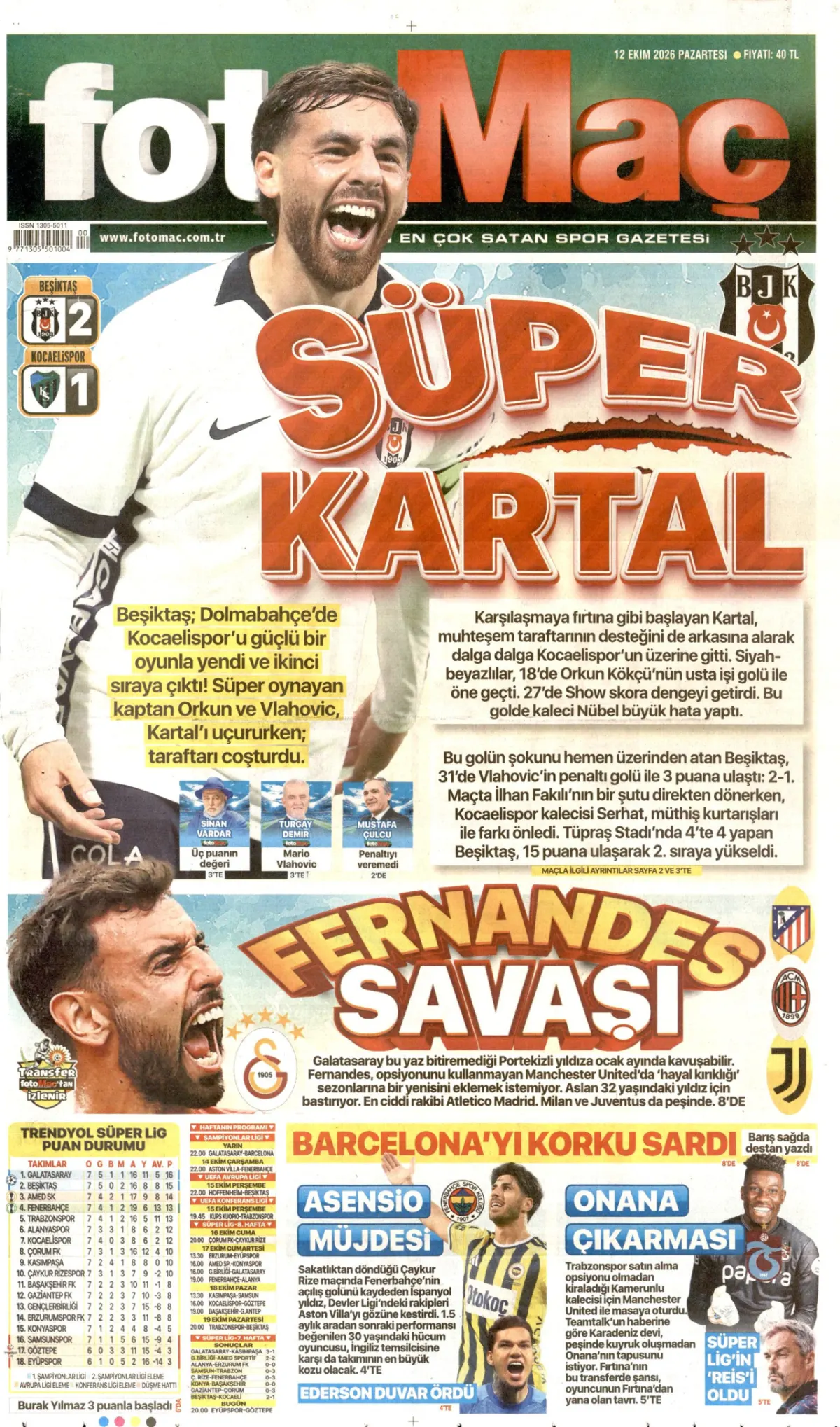 Fotomaç birinci sayfa manşeti (13 Ekim 2026)