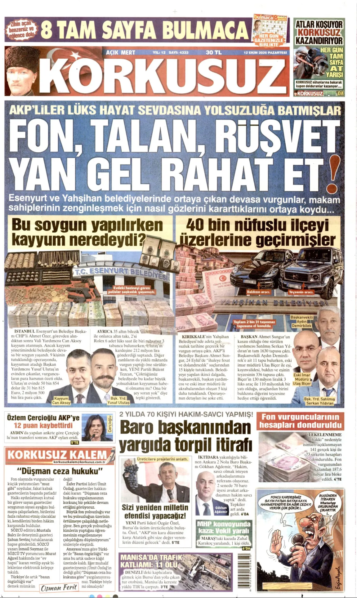 Korkusuz birinci sayfa manşeti (13 Ekim 2026)