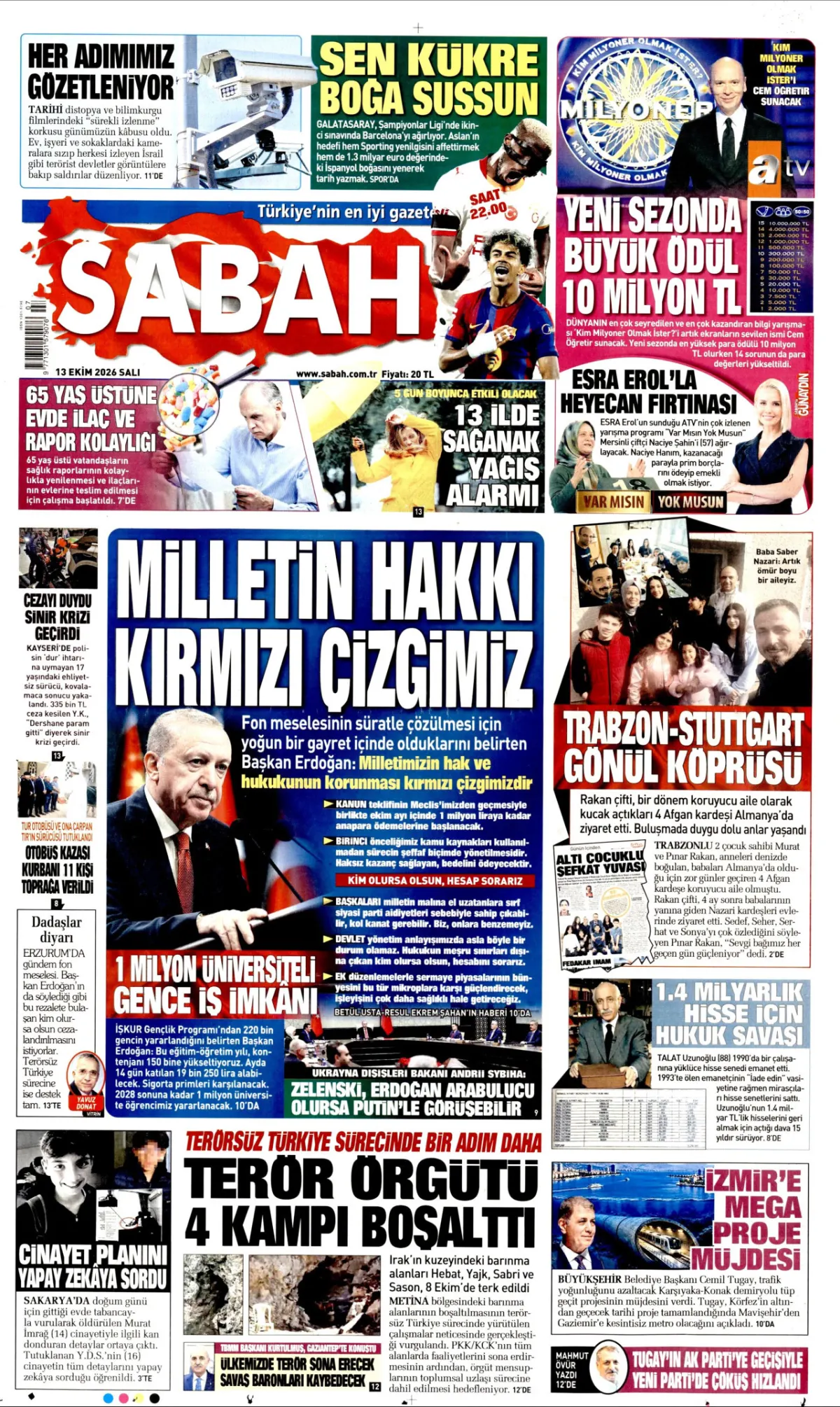 Sabah birinci sayfa manşeti (14 Ekim 2026)