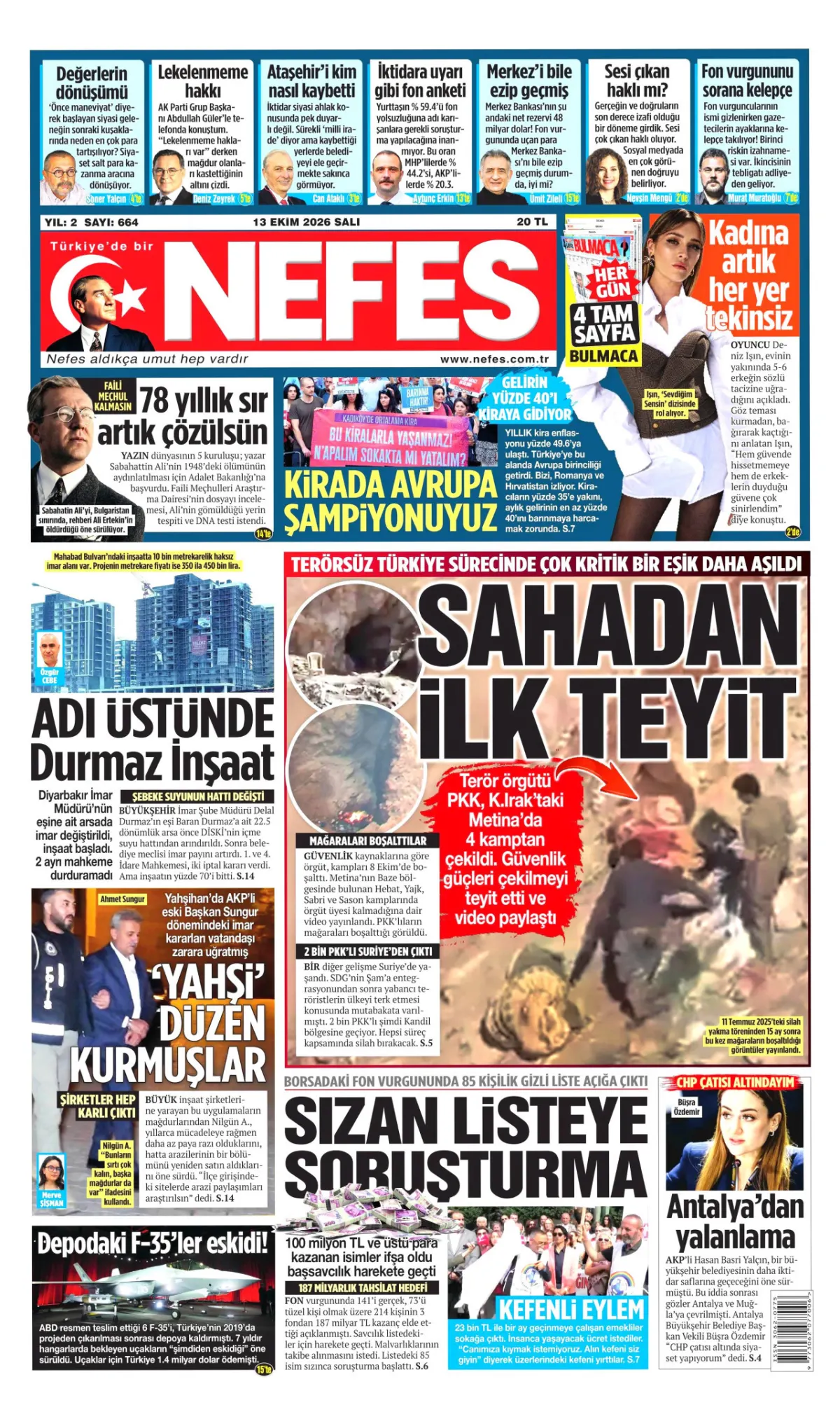 Nefes birinci sayfa manşeti (14 Ekim 2026)