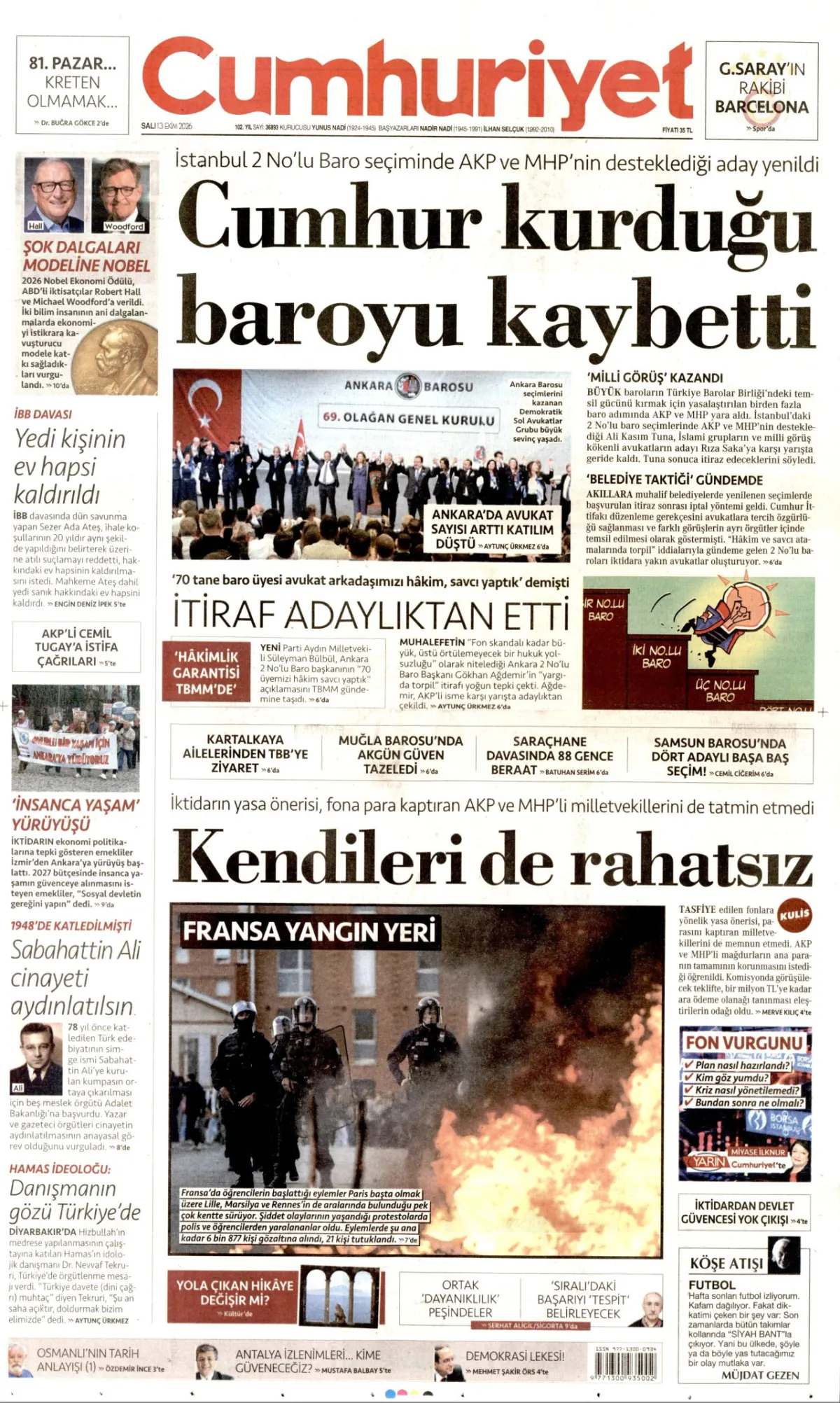 Cumhuriyet birinci sayfa manşeti (14 Ekim 2026)