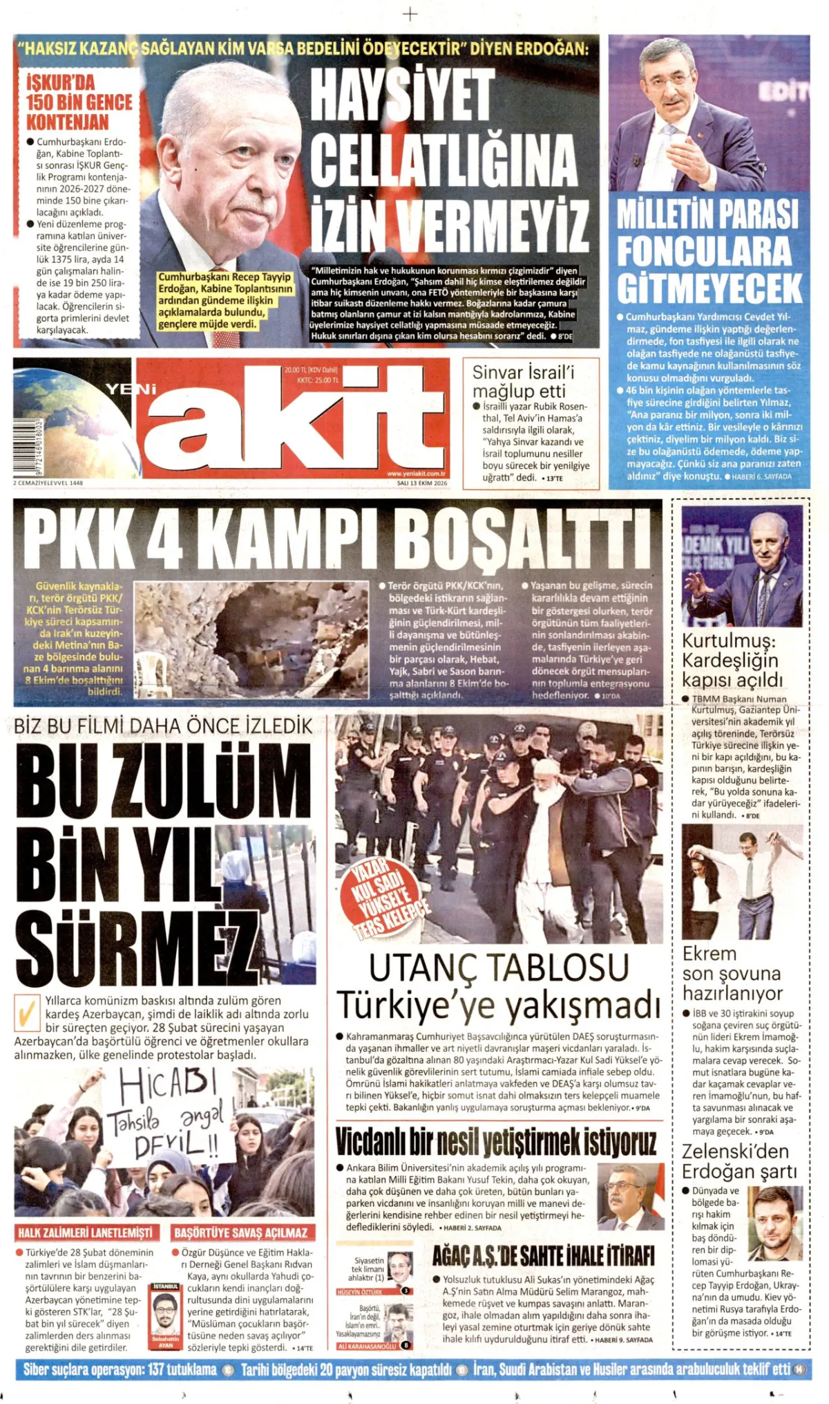 Yeni Akit birinci sayfa manşeti (14 Ekim 2026)