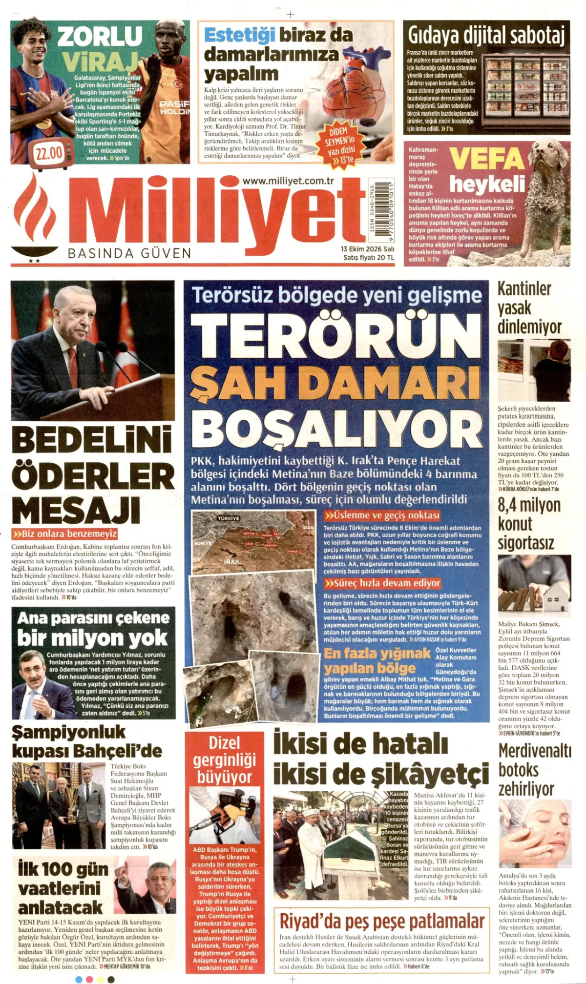 Milliyet birinci sayfa manşeti (14 Ekim 2026)