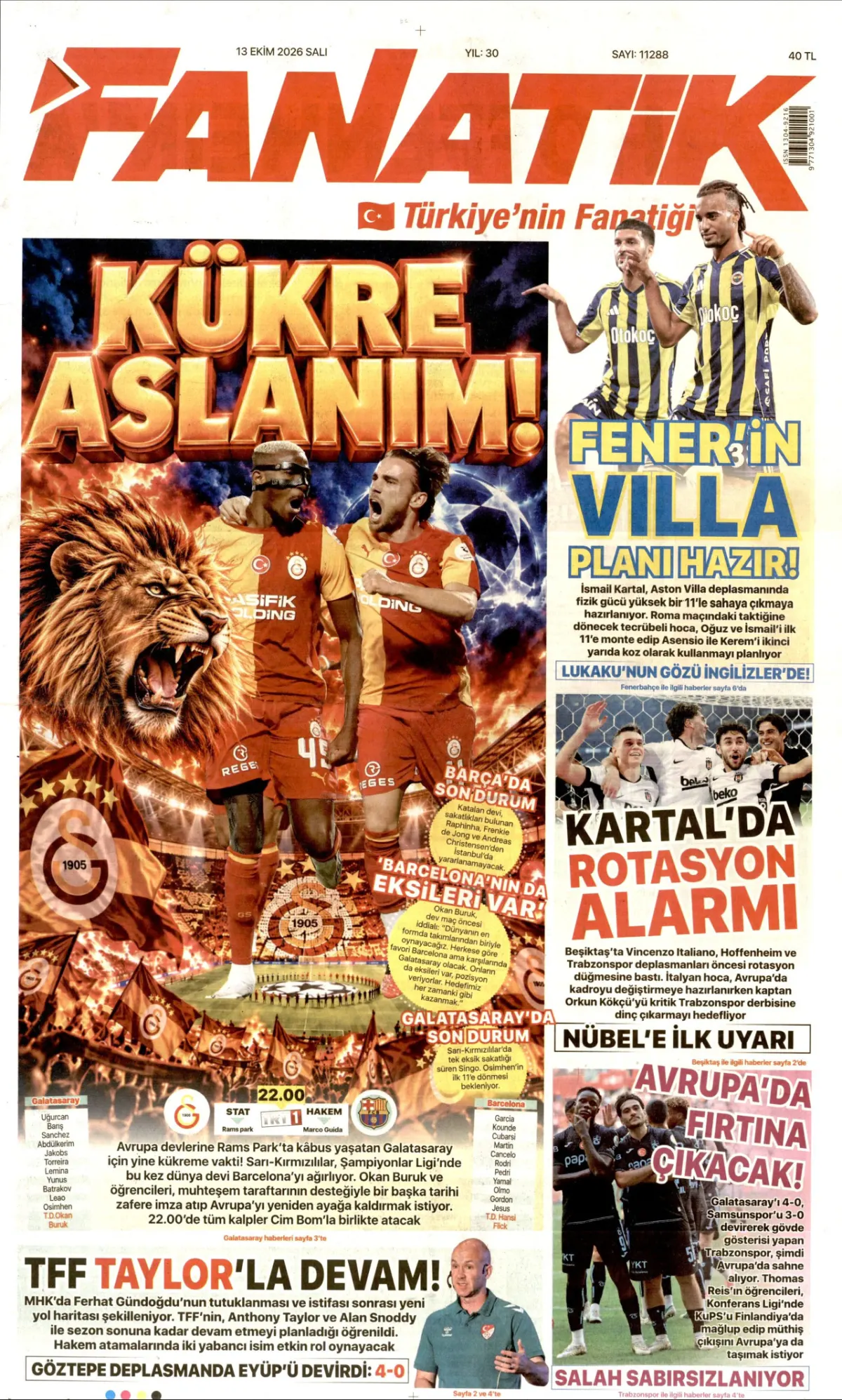 Fanatik birinci sayfa manşeti (14 Ekim 2026)