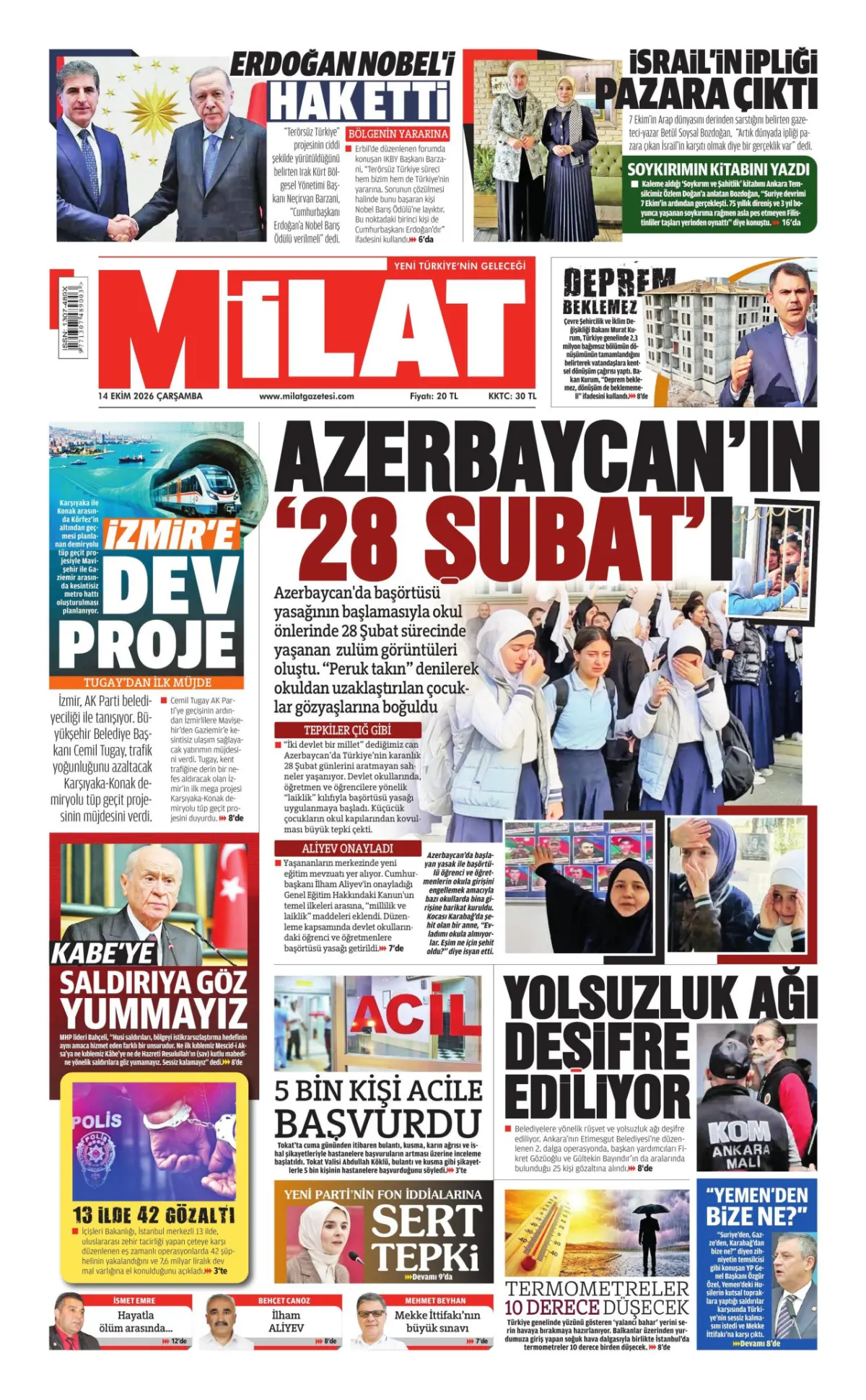 Milat birinci sayfa manşeti (14 Ekim 2026)