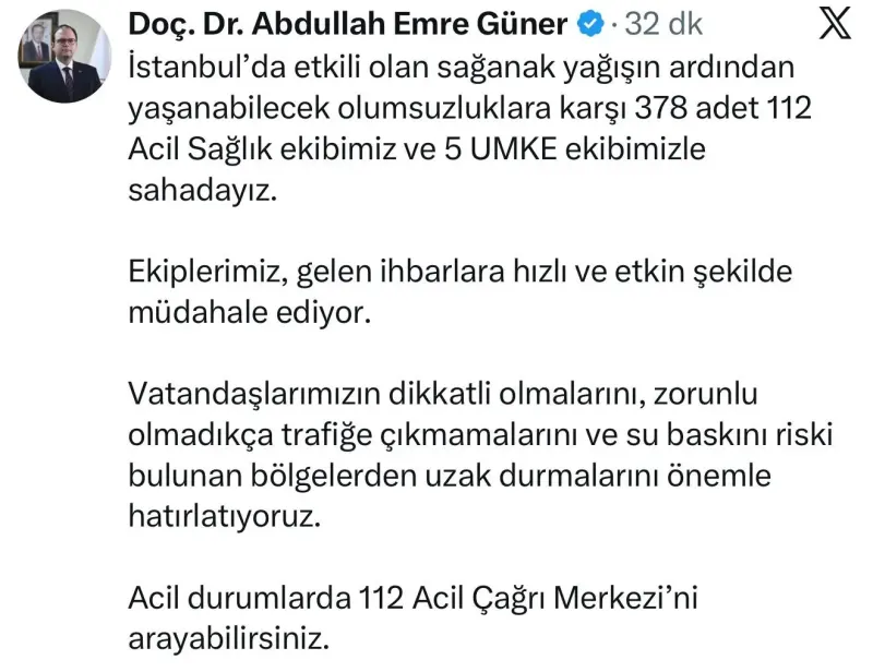 İstanbul'da Sağanak Yağış Sebebiyle Sağlık Ekipleri Sahada Görev Başında