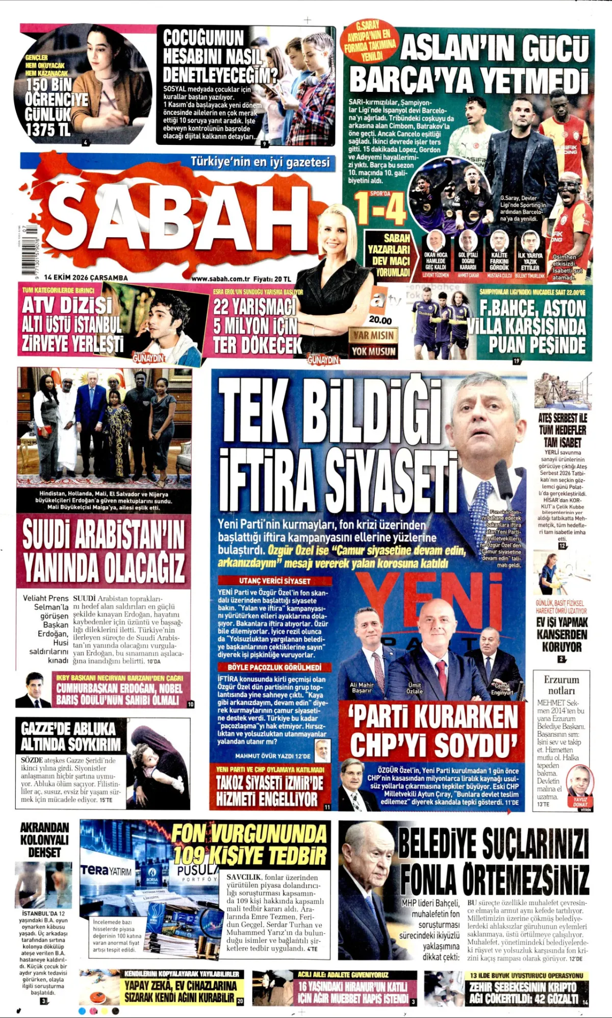 Sabah birinci sayfa manşeti (15 Ekim 2026)