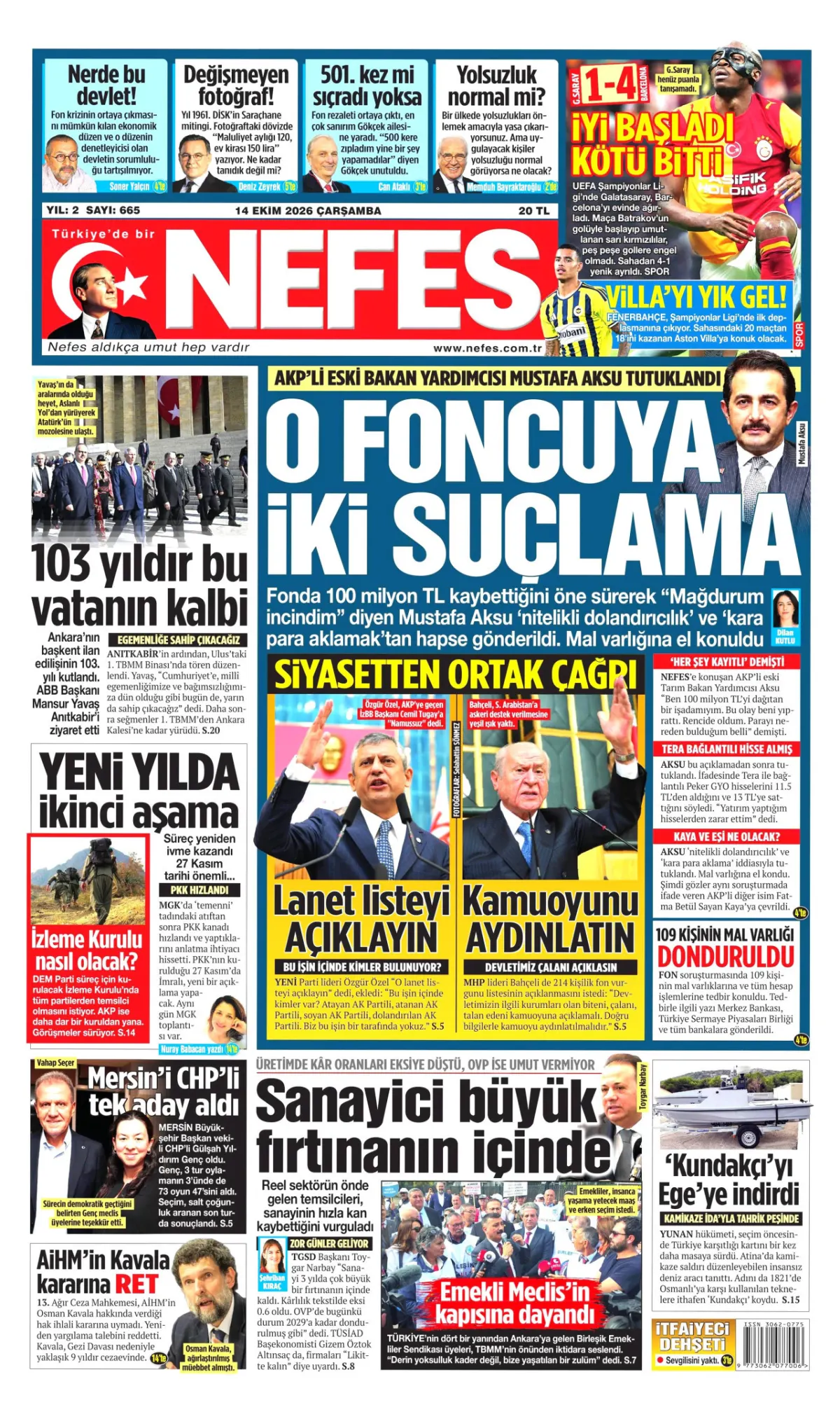 Nefes birinci sayfa manşeti (15 Ekim 2026)