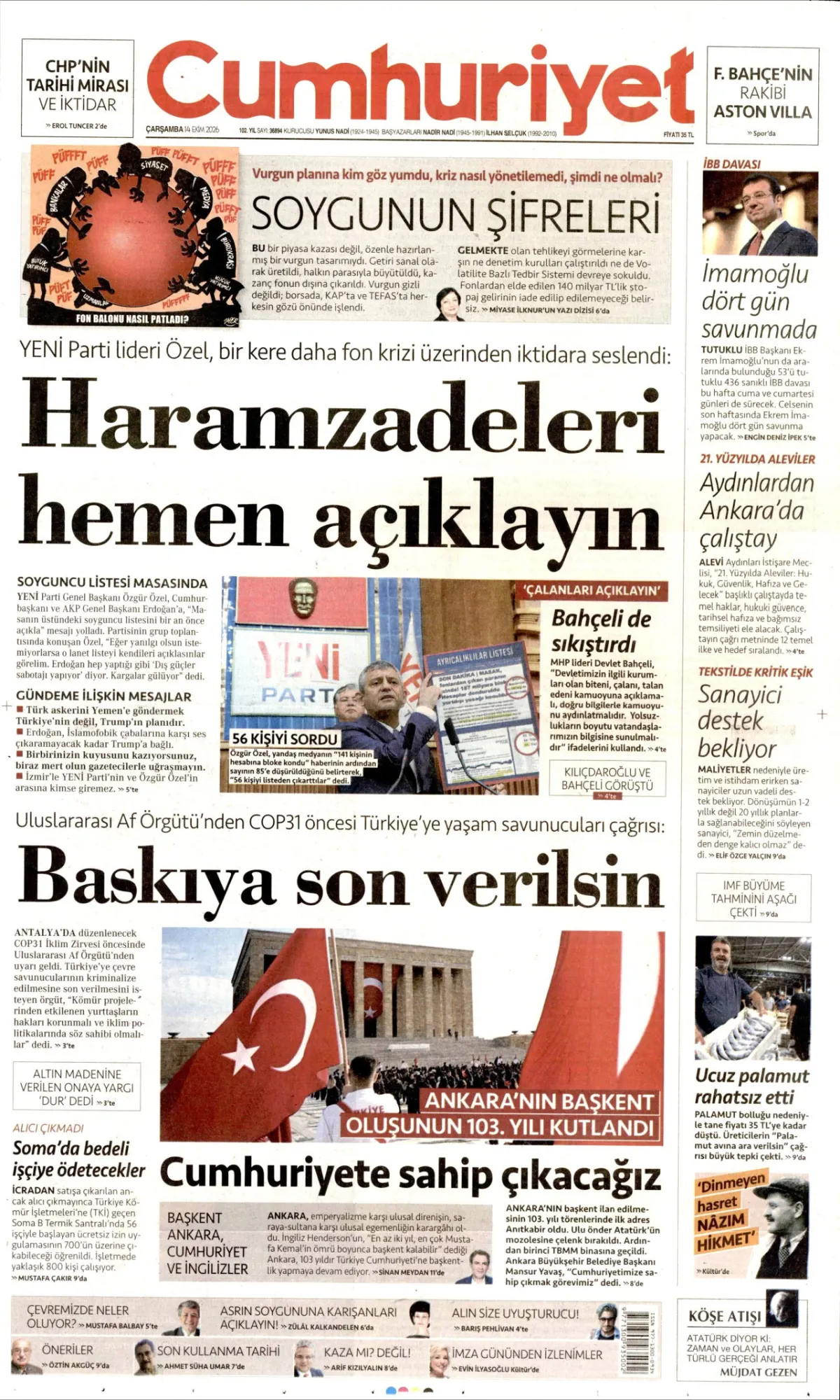 Cumhuriyet birinci sayfa manşeti (15 Ekim 2026)