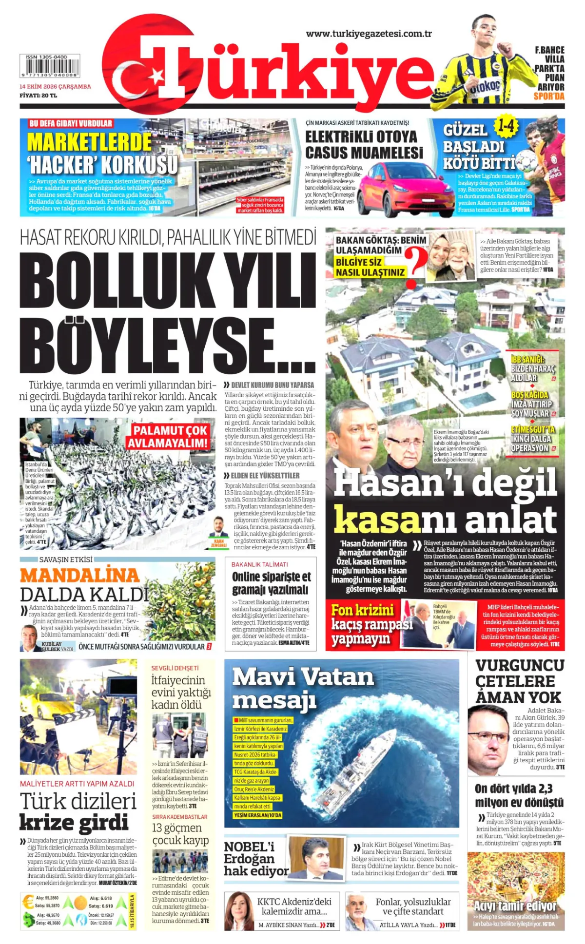 Türkiye birinci sayfa manşeti (15 Ekim 2026)