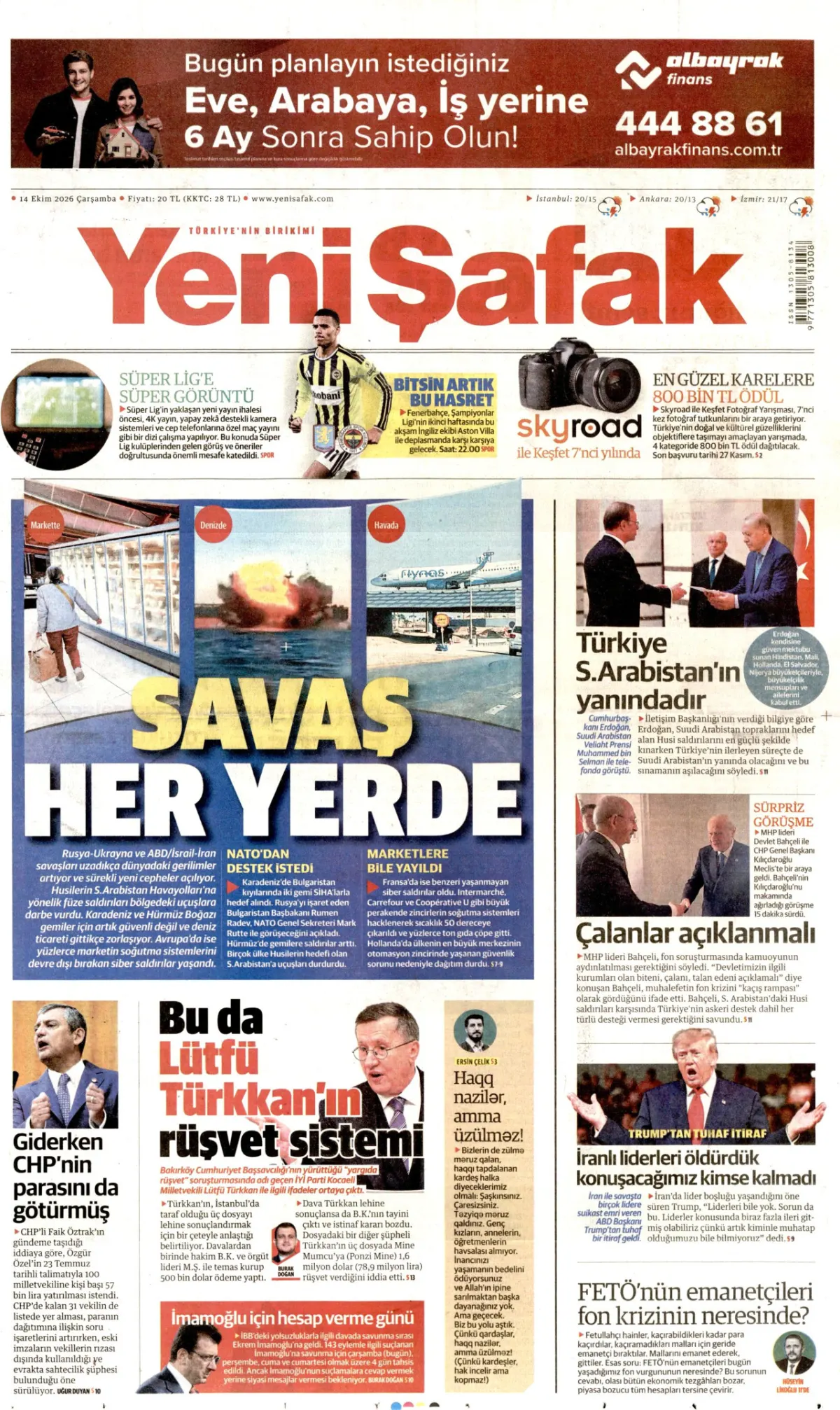 Yeni Şafak birinci sayfa manşeti (15 Ekim 2026)