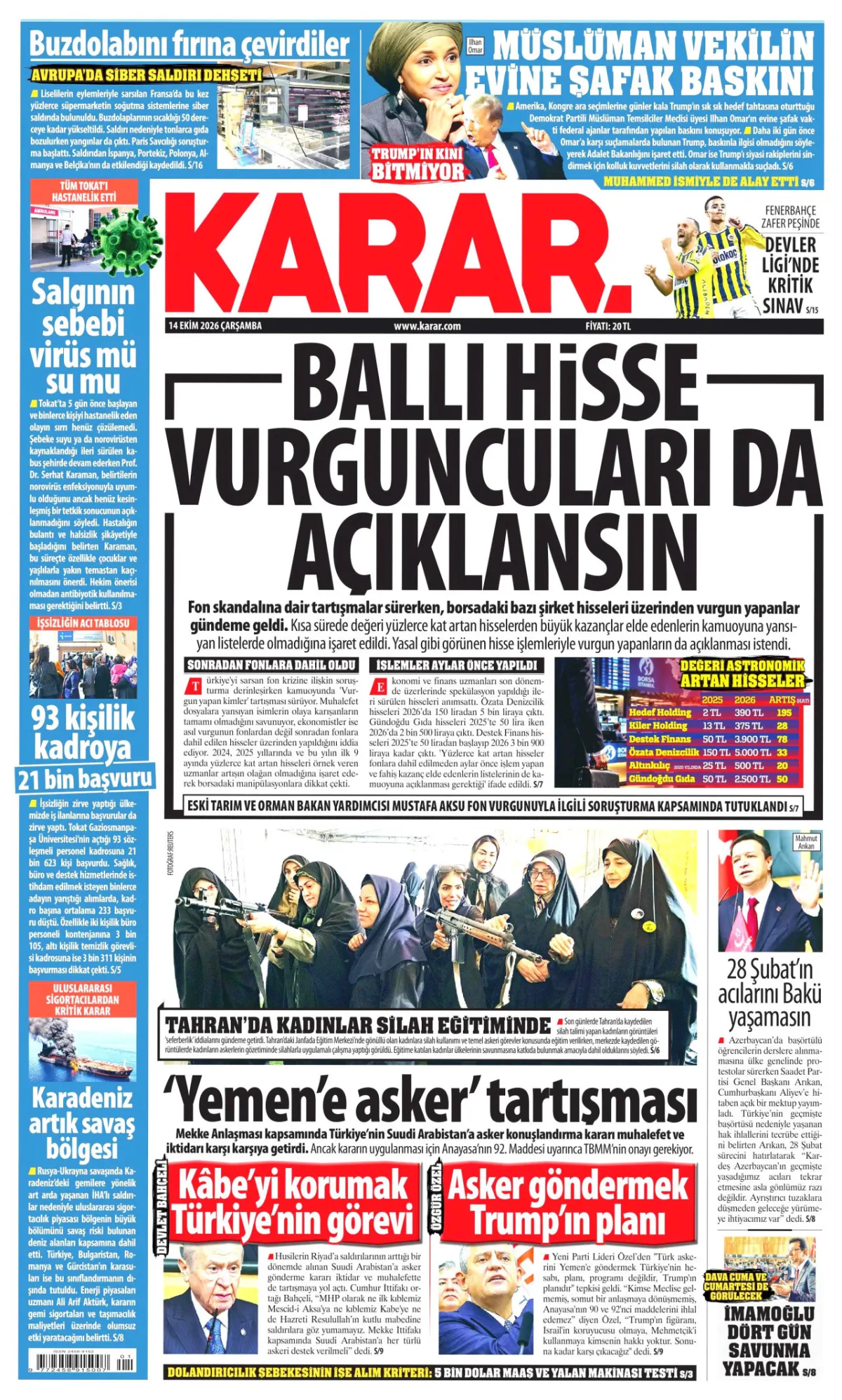 Karar birinci sayfa manşeti (15 Ekim 2026)