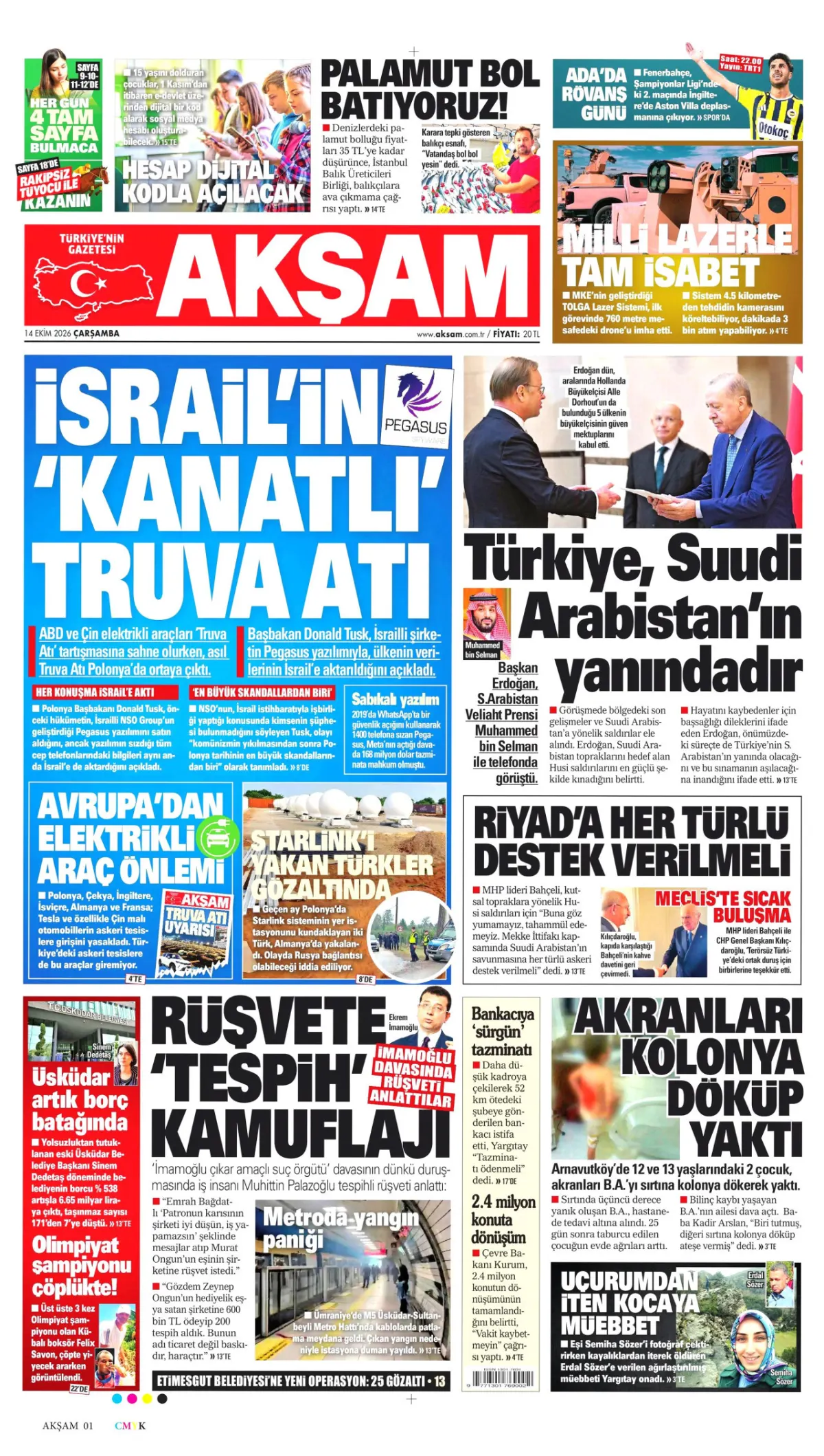Akşam birinci sayfa manşeti (15 Ekim 2026)