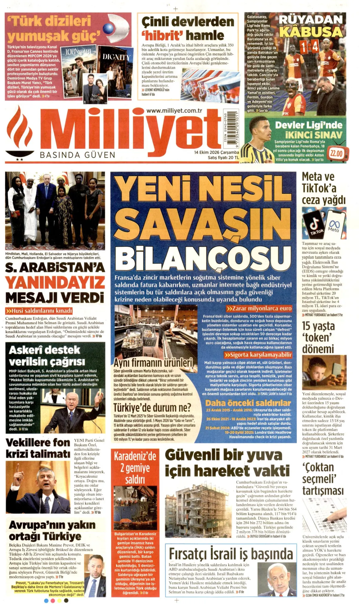 Milliyet birinci sayfa manşeti (15 Ekim 2026)