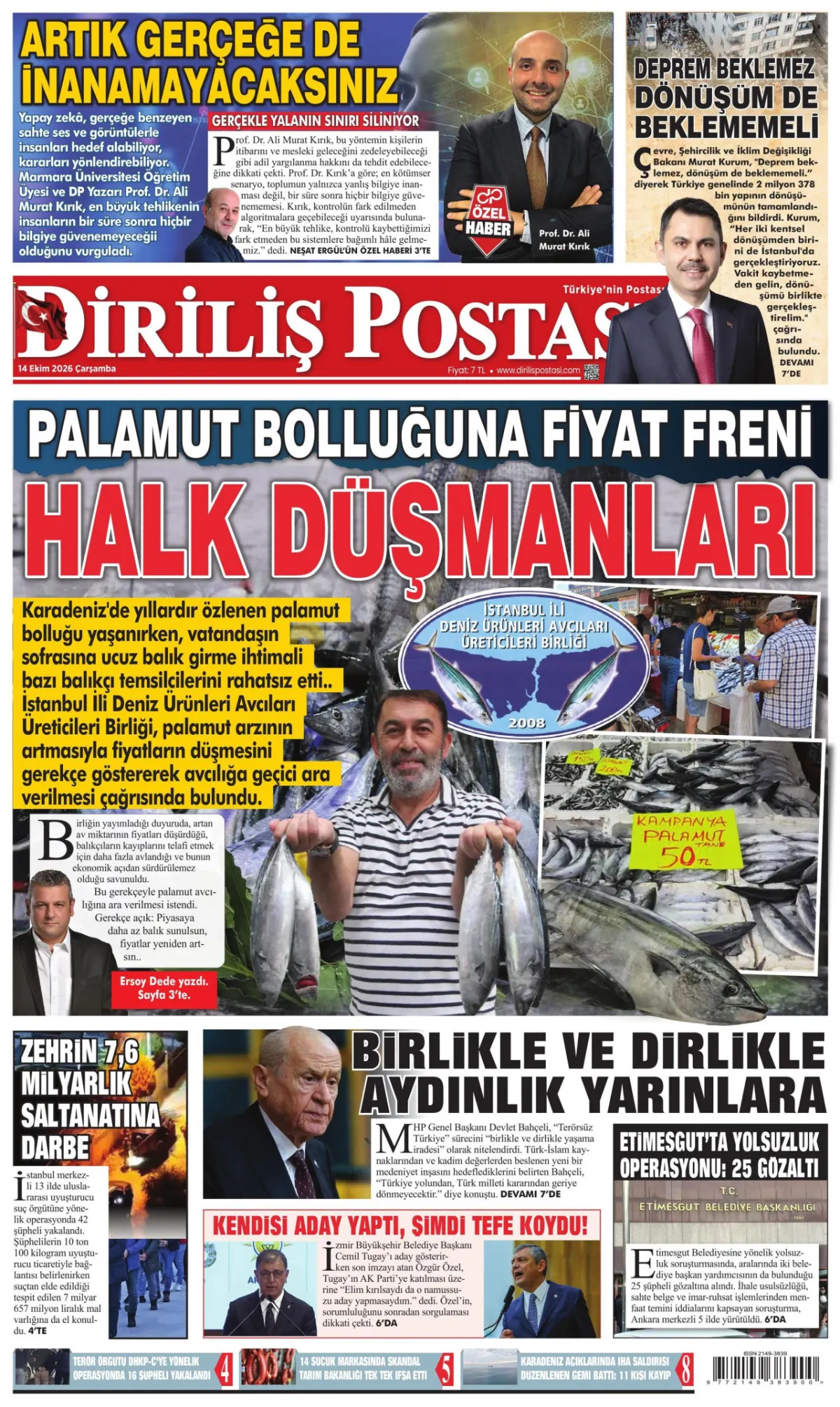Diriliş Postası birinci sayfa manşeti (15 Ekim 2026)