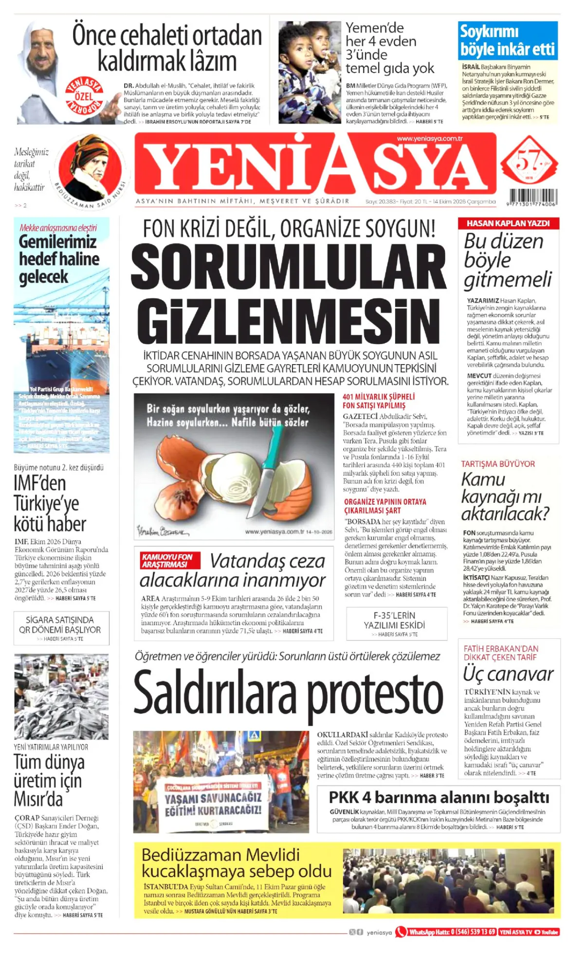 Yeni Asya birinci sayfa manşeti (15 Ekim 2026)