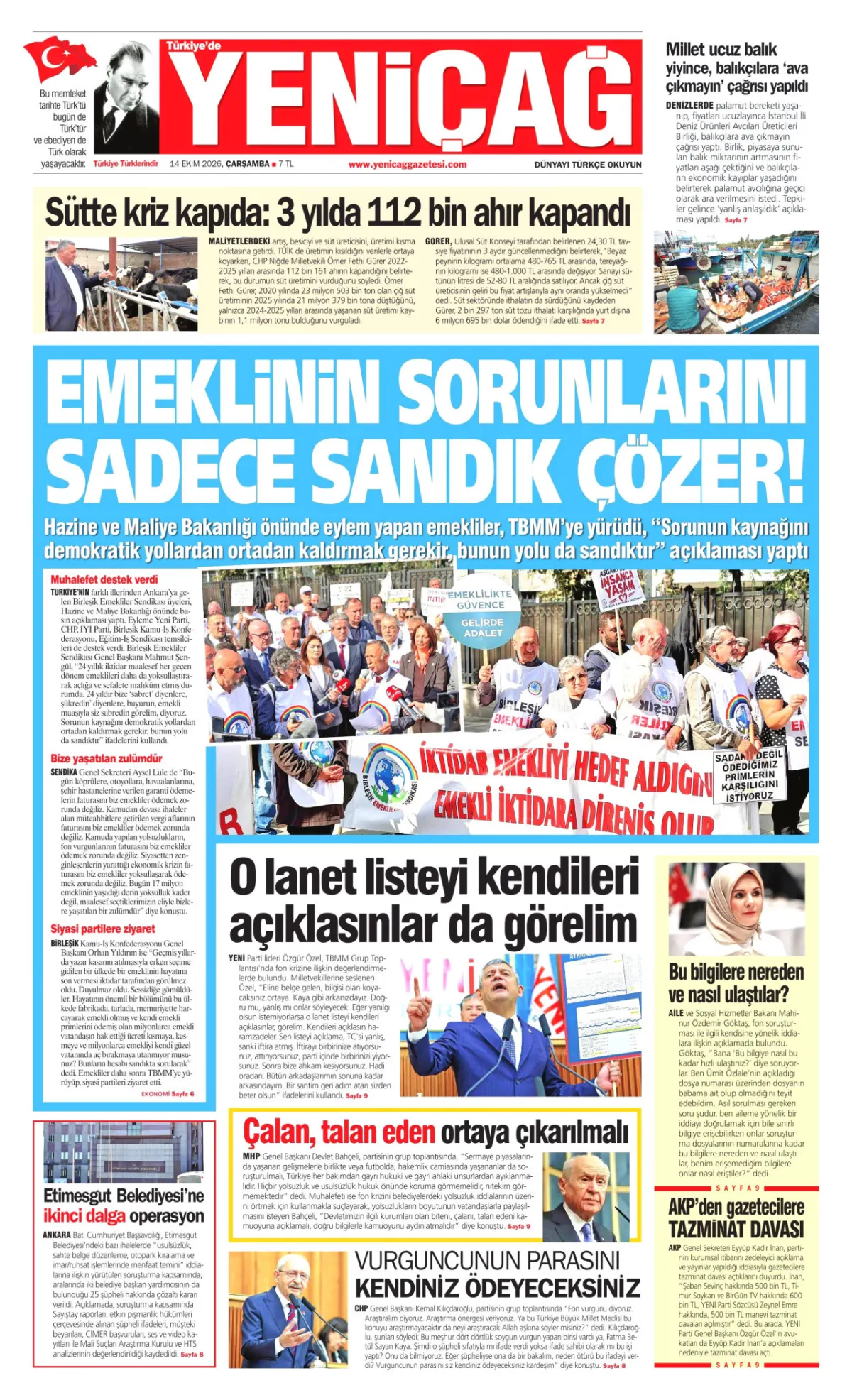 Yeniçağ birinci sayfa manşeti (15 Ekim 2026)