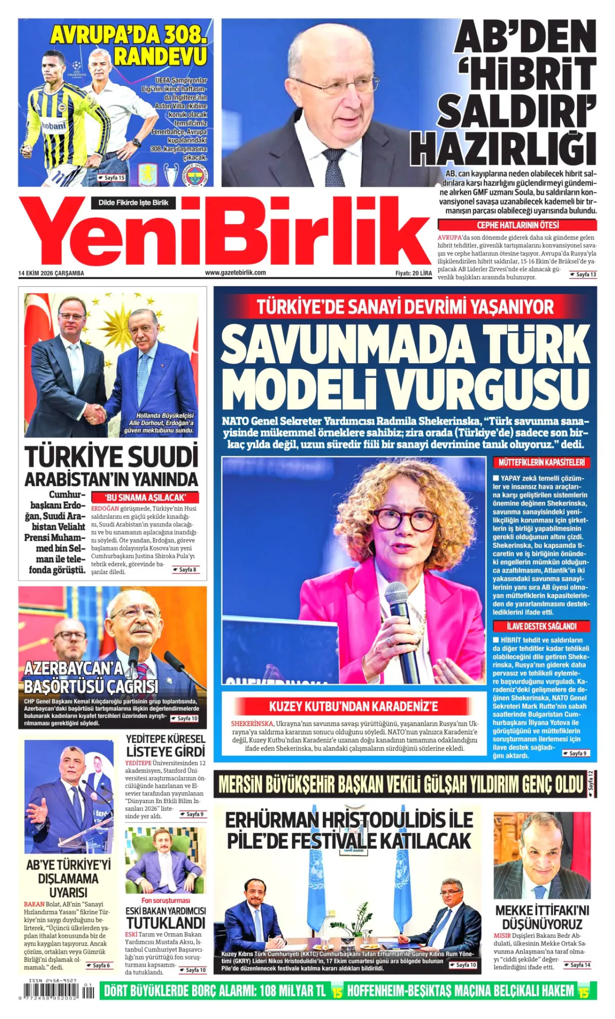 YeniBirlik birinci sayfa manşeti (15 Ekim 2026)