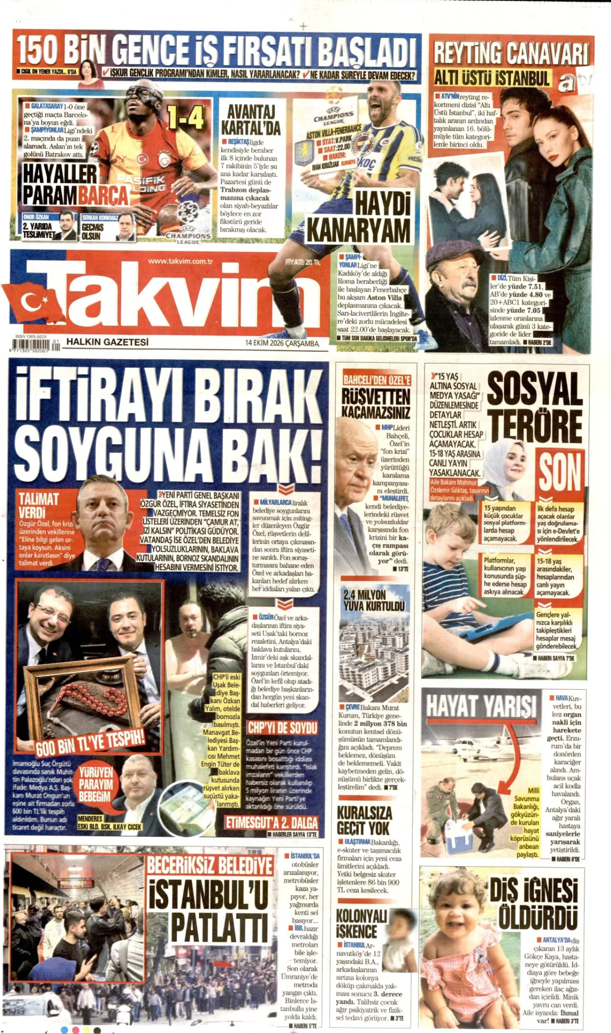 Takvim birinci sayfa manşeti (15 Ekim 2026)