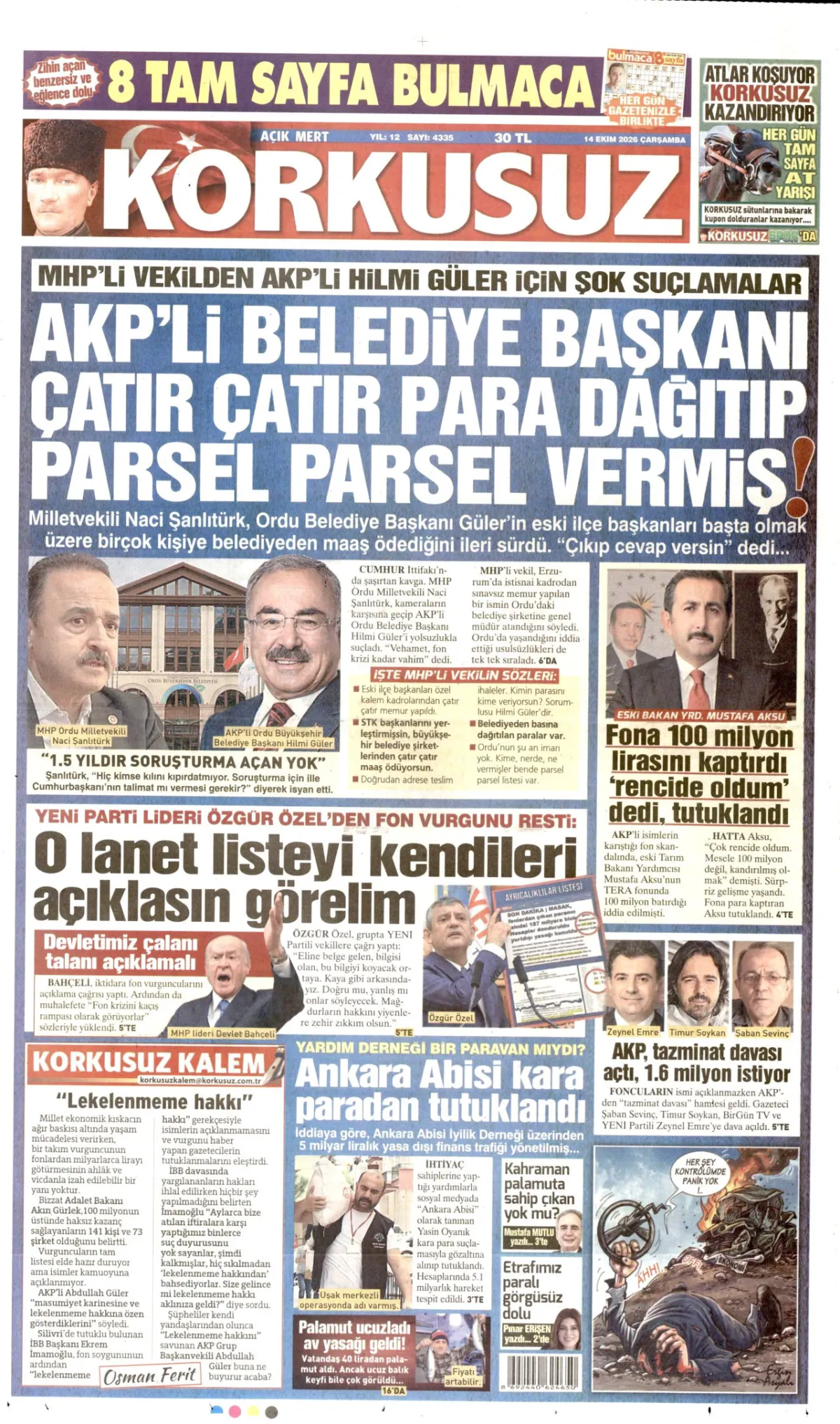 Korkusuz birinci sayfa manşeti (15 Ekim 2026)