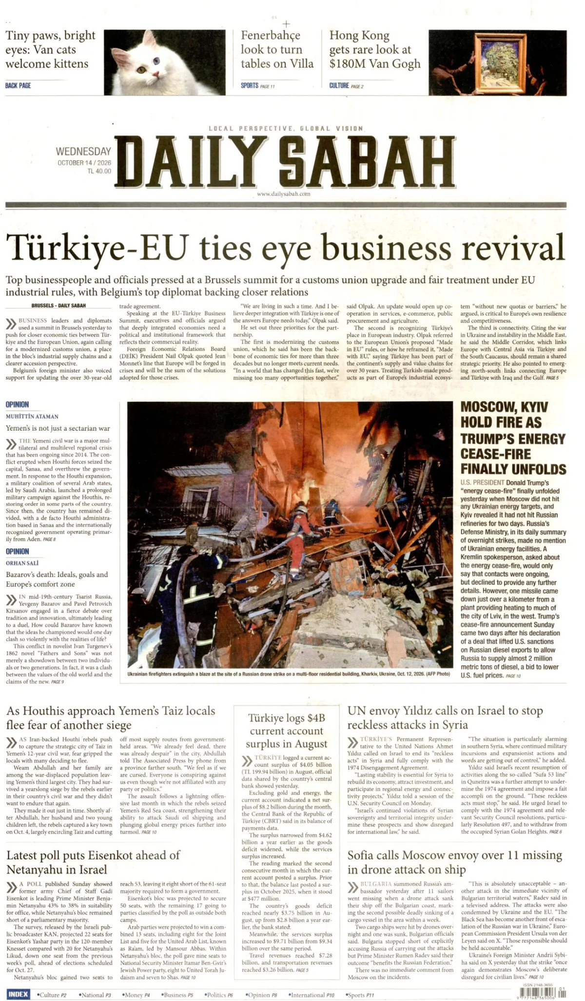 Daily Sabah birinci sayfa manşeti (15 Ekim 2026)