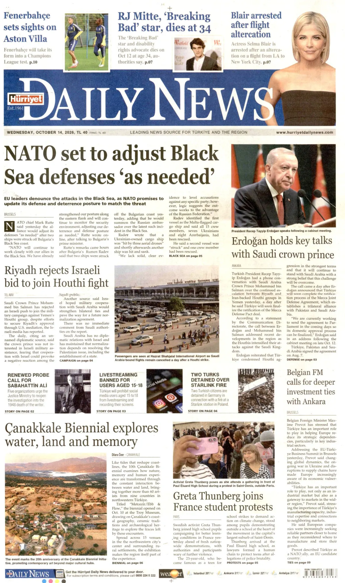 Hürriyet Daily News birinci sayfa manşeti (15 Ekim 2026)