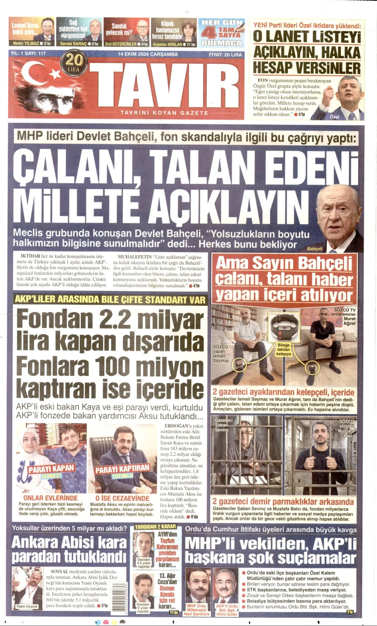 Tavır birinci sayfa manşeti (15 Ekim 2026)