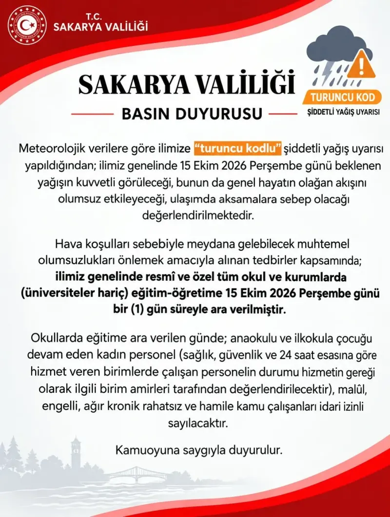 Sakarya'da Şiddetli Yağış Uyarısı Nedeniyle Eğitime Bir Gün Ara Verildi