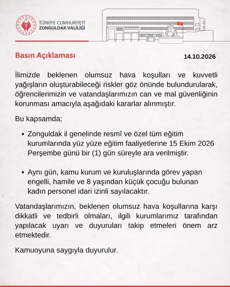 Zonguldak'ta Olumsuz Hava Şartları Nedeniyle Eğitime Bir Gün Ara Verildi
