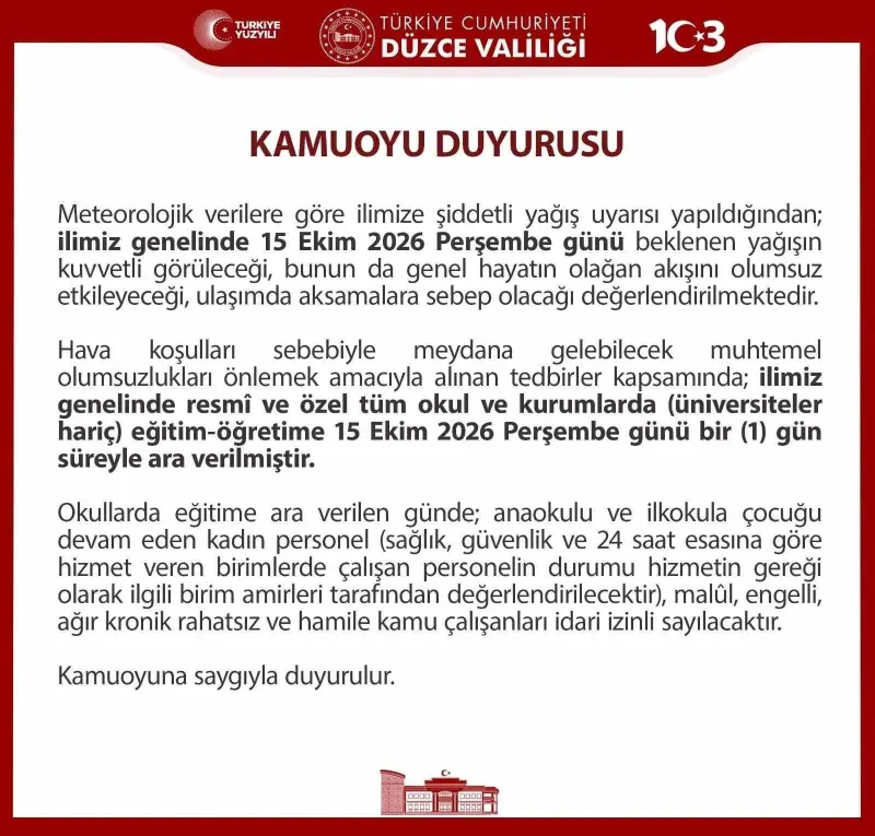 Düzce'de Kuvvetli Sağanak Yağış Nedeniyle Eğitime Bir Gün Ara Verildi
