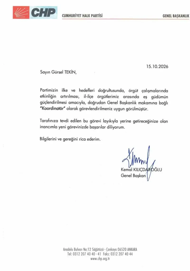 Gürsel Tekin, Cumhuriyet Halk Partisi Genel Başkanlık Koordinatörü Oldu