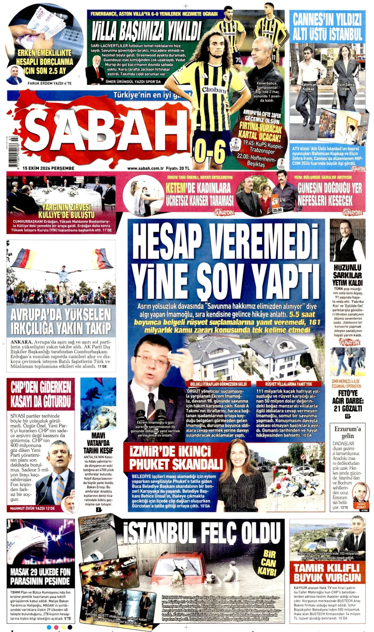 Sabah birinci sayfa manşeti (16 Ekim 2026)