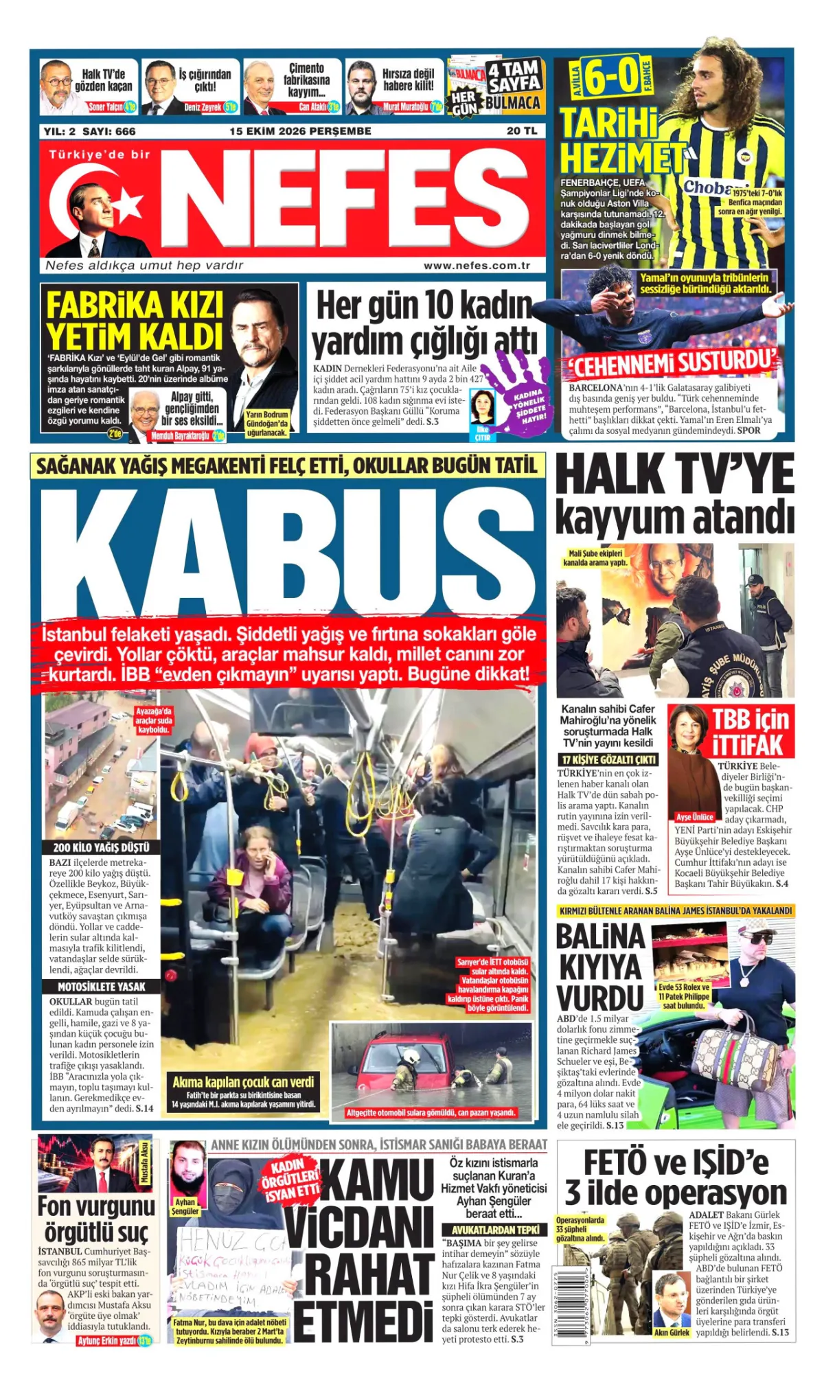 Nefes birinci sayfa manşeti (16 Ekim 2026)