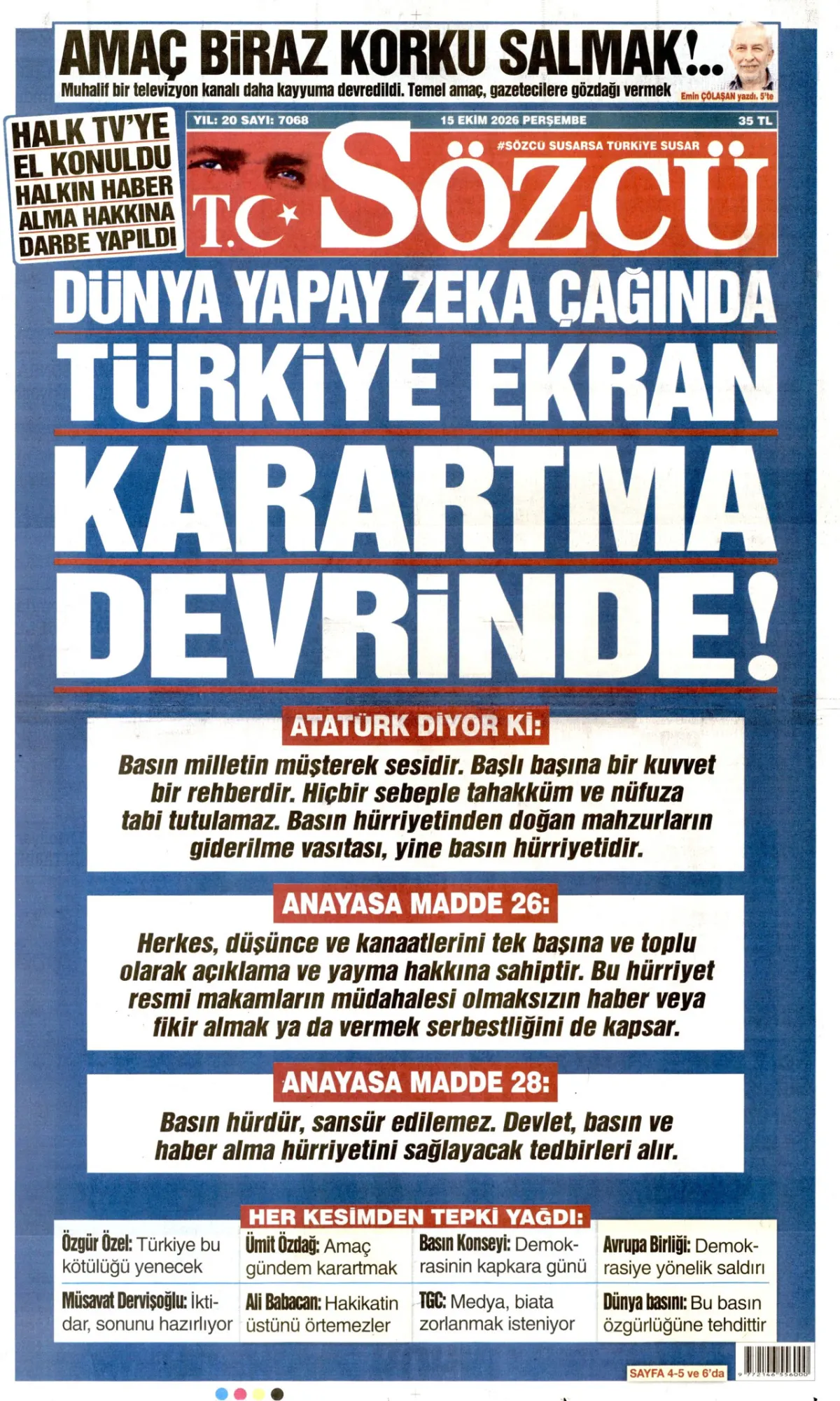 Sözcü birinci sayfa manşeti (16 Ekim 2026)