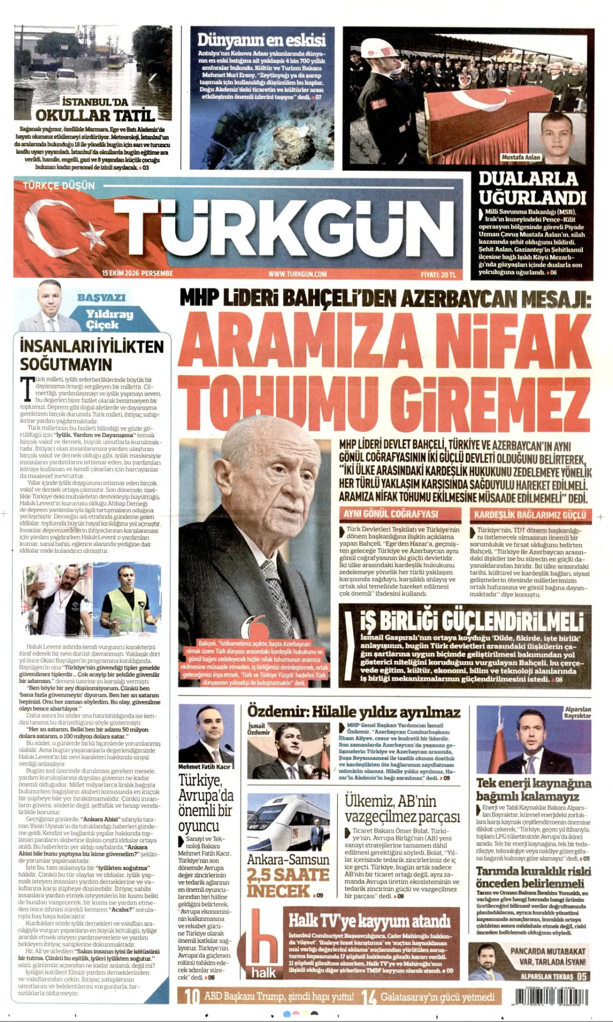 Türkgün birinci sayfa manşeti (16 Ekim 2026)