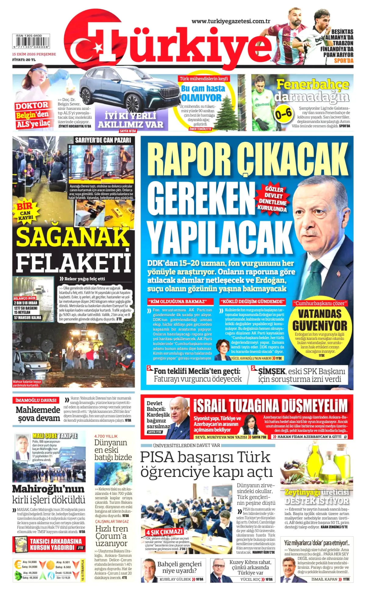 Türkiye birinci sayfa manşeti (16 Ekim 2026)