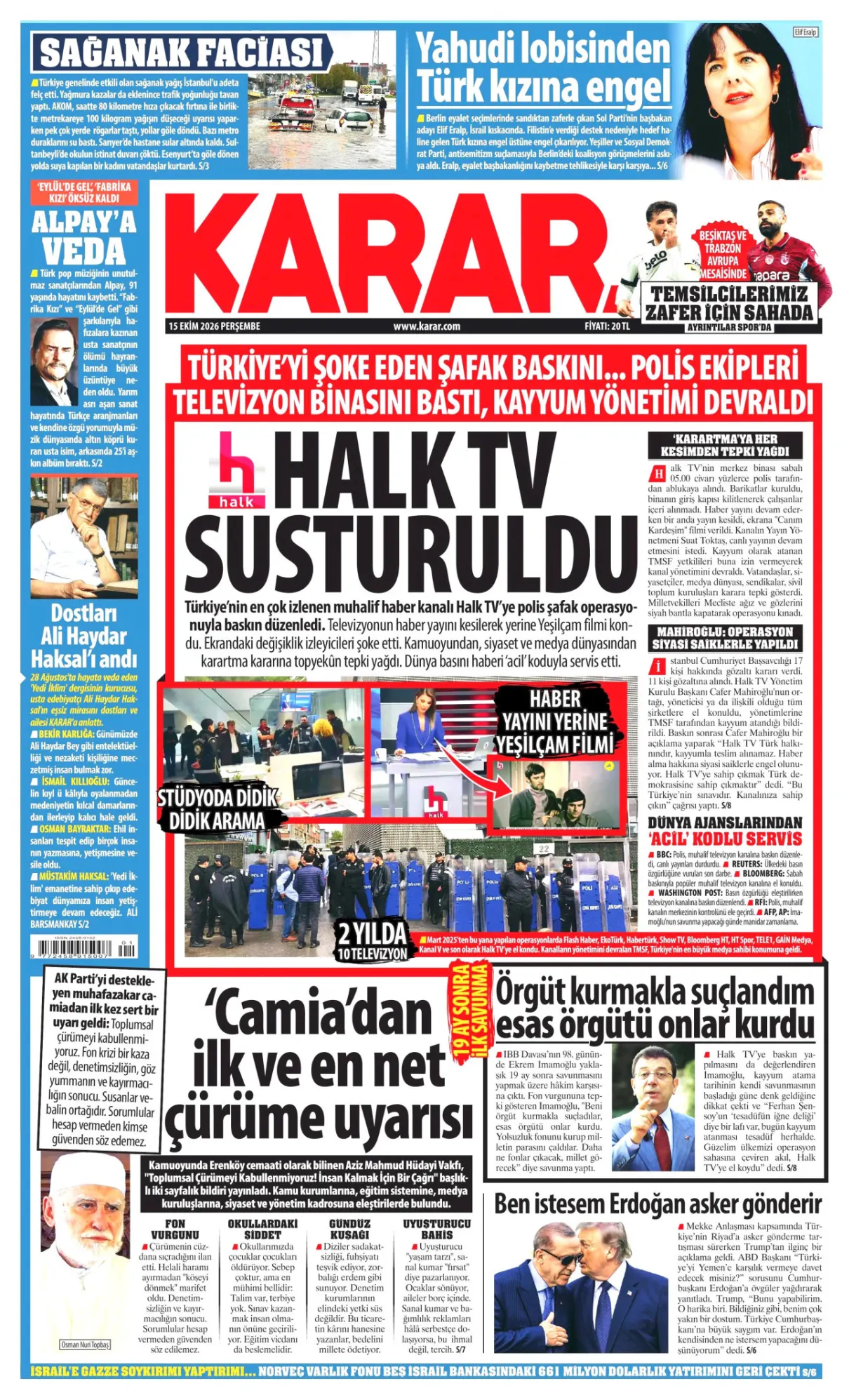 Karar birinci sayfa manşeti (16 Ekim 2026)