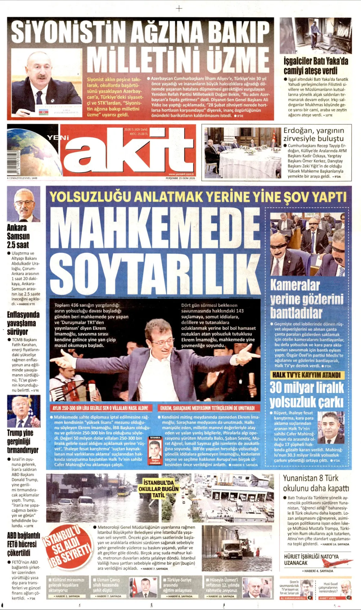Yeni Akit birinci sayfa manşeti (16 Ekim 2026)