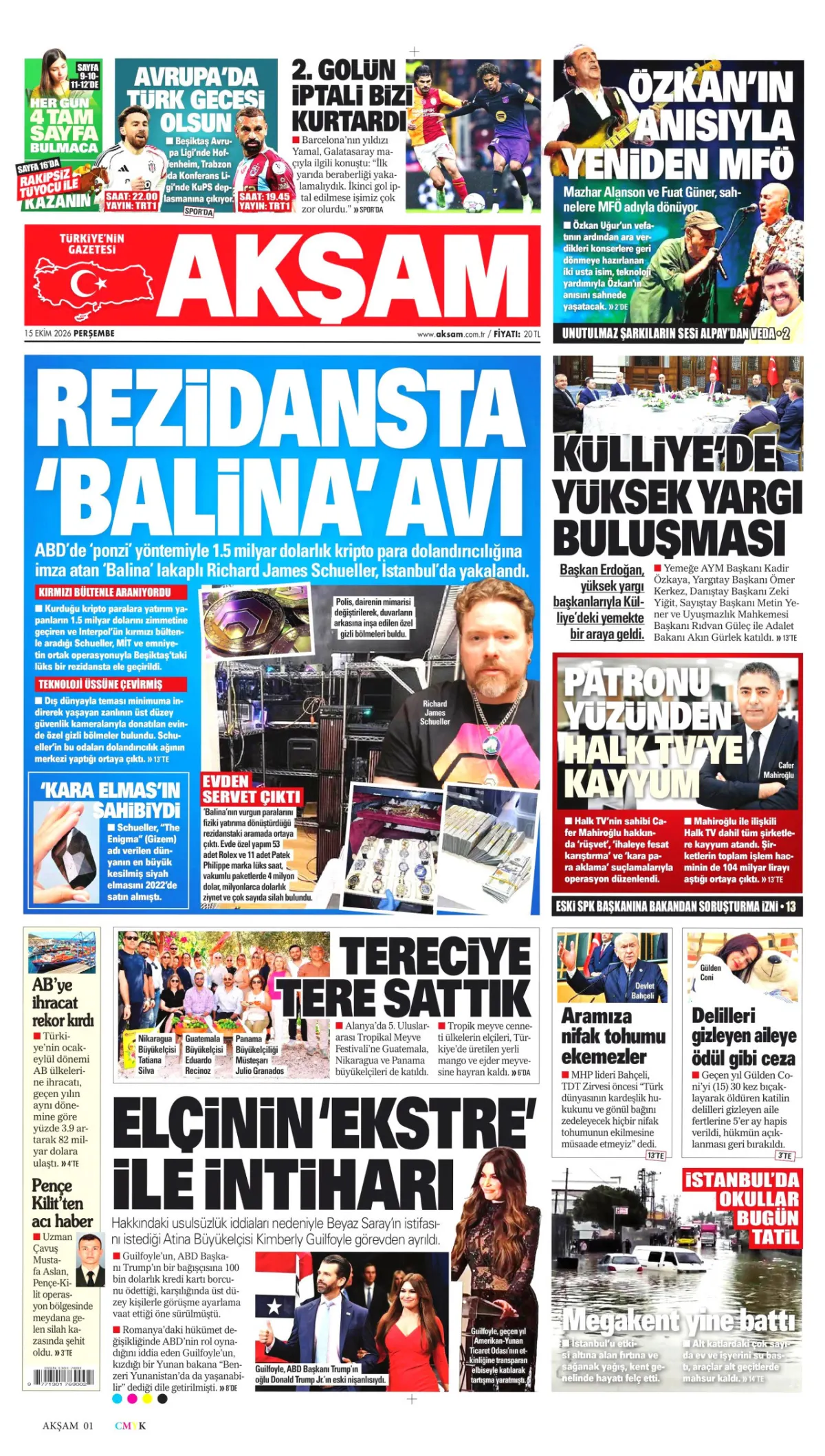 Akşam birinci sayfa manşeti (16 Ekim 2026)