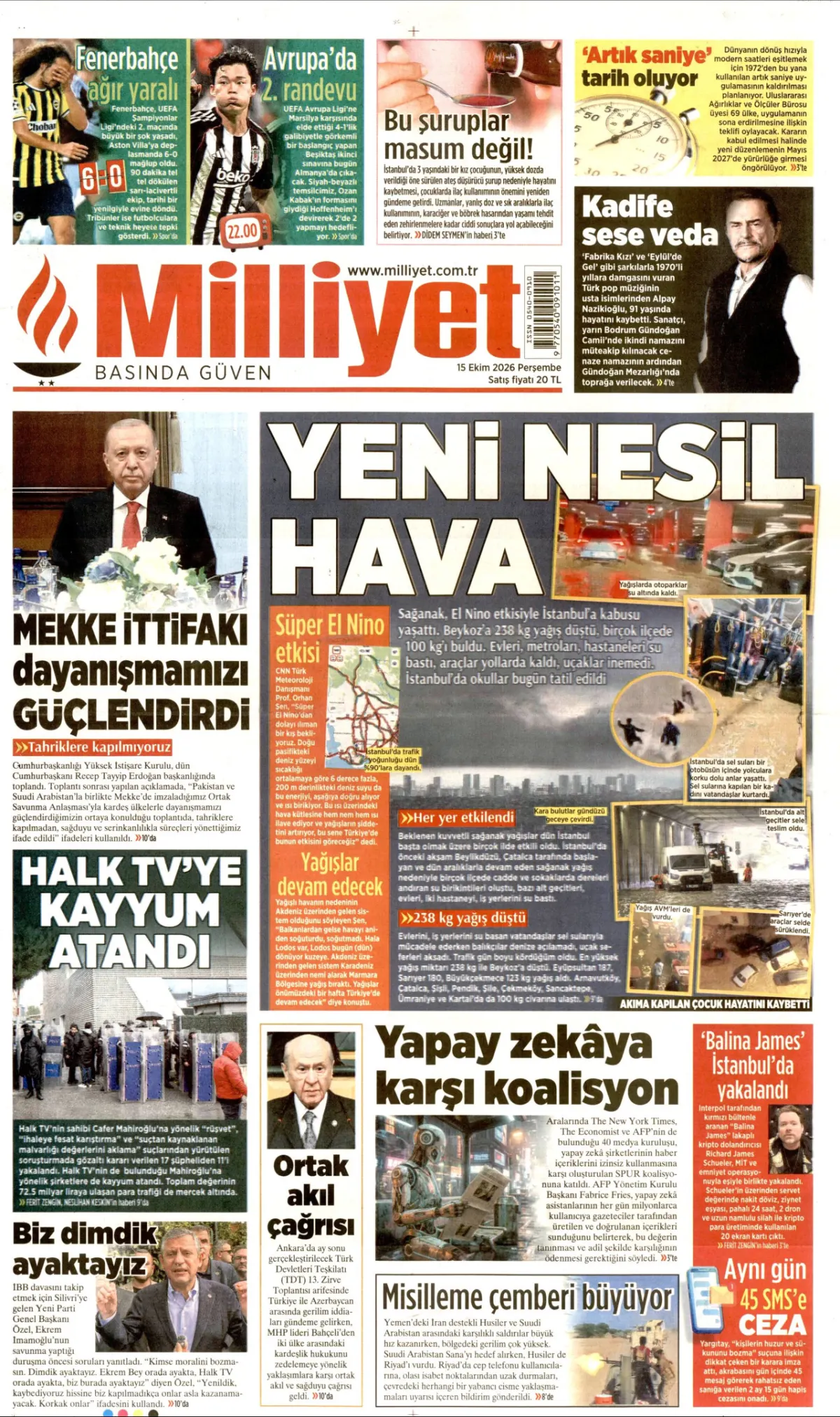 Milliyet birinci sayfa manşeti (16 Ekim 2026)