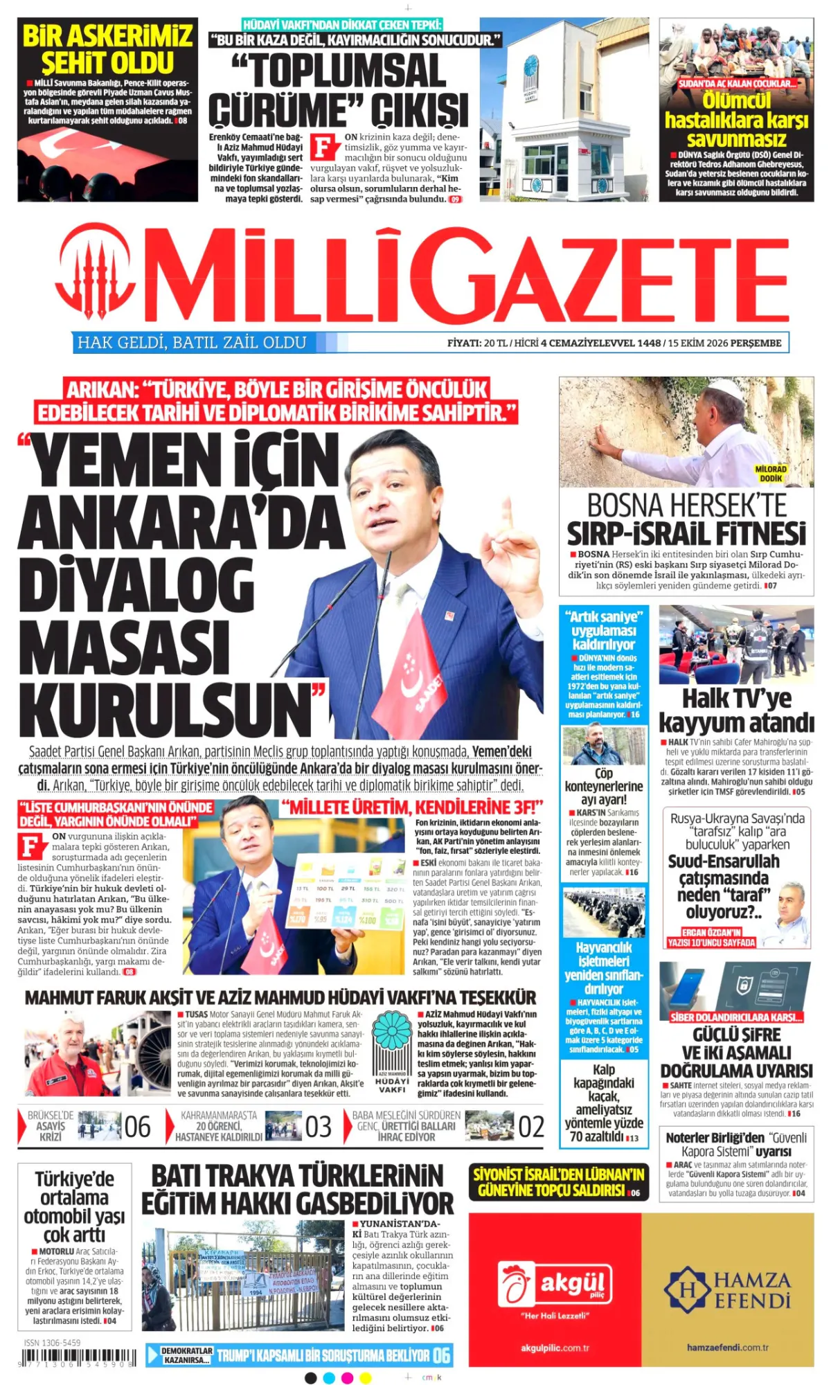 Milli birinci sayfa manşeti (16 Ekim 2026)