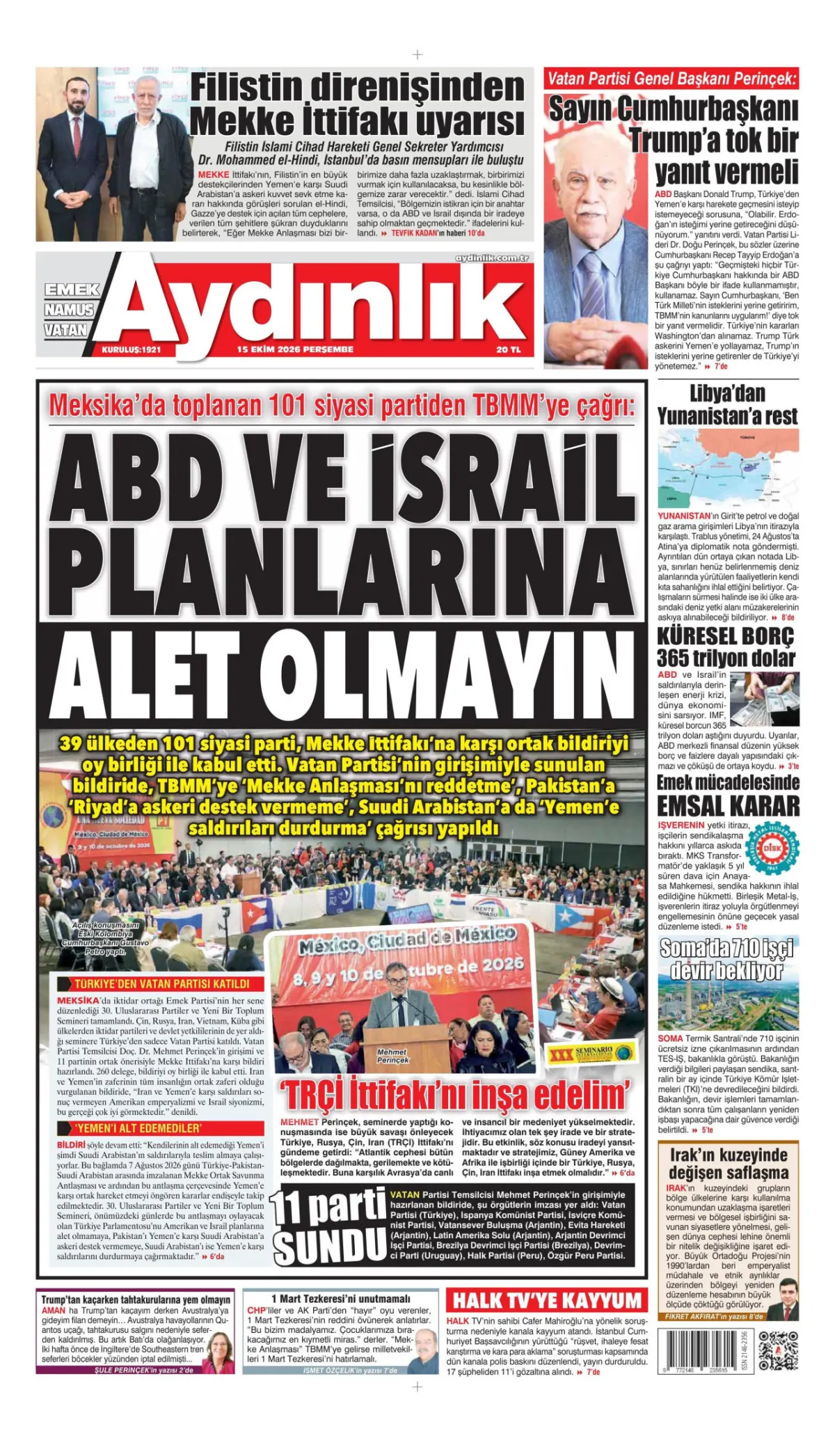 Aydınlık birinci sayfa manşeti (16 Ekim 2026)