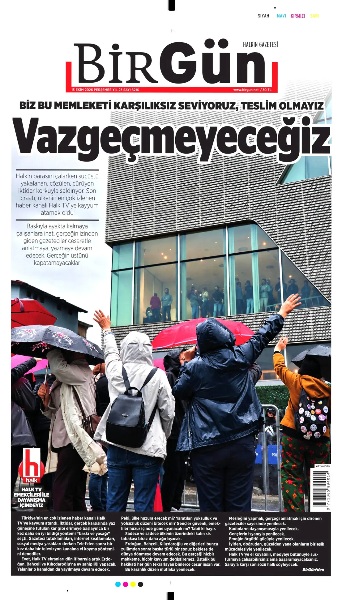 BirGün birinci sayfa manşeti (16 Ekim 2026)
