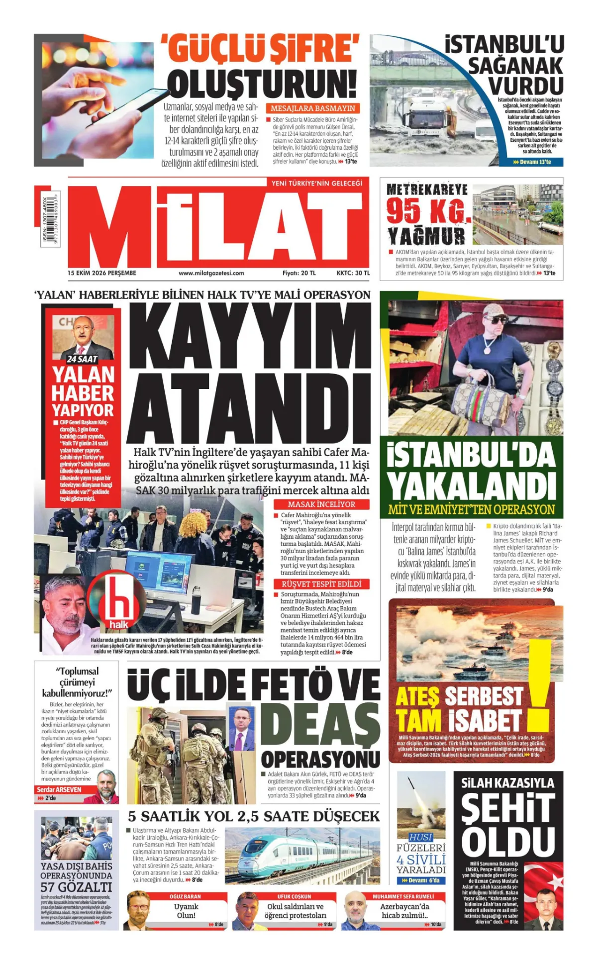 Milat birinci sayfa manşeti (16 Ekim 2026)