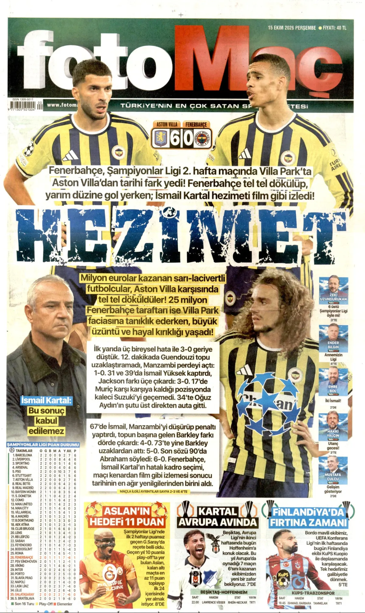 Fotomaç birinci sayfa manşeti (16 Ekim 2026)
