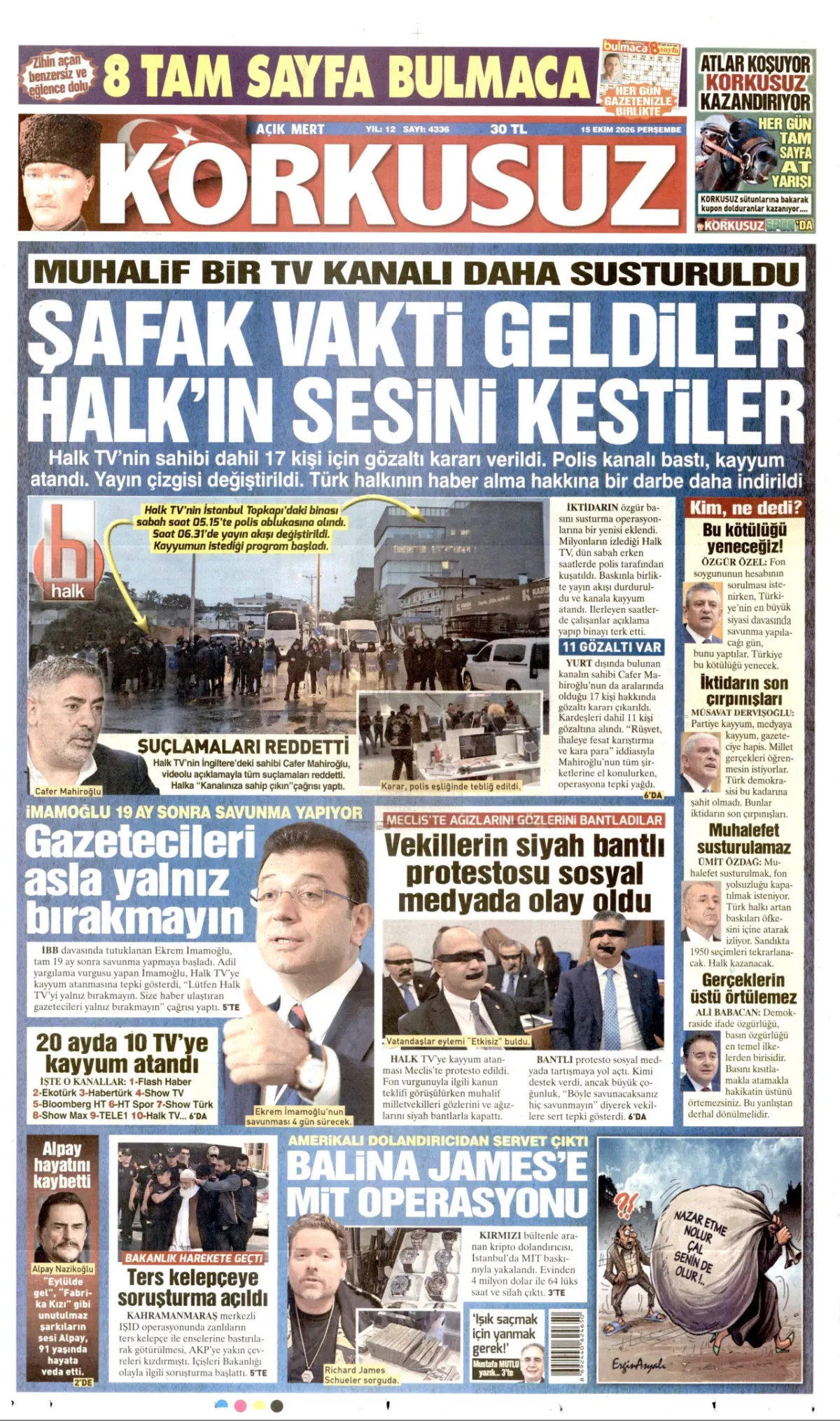 Korkusuz birinci sayfa manşeti (16 Ekim 2026)