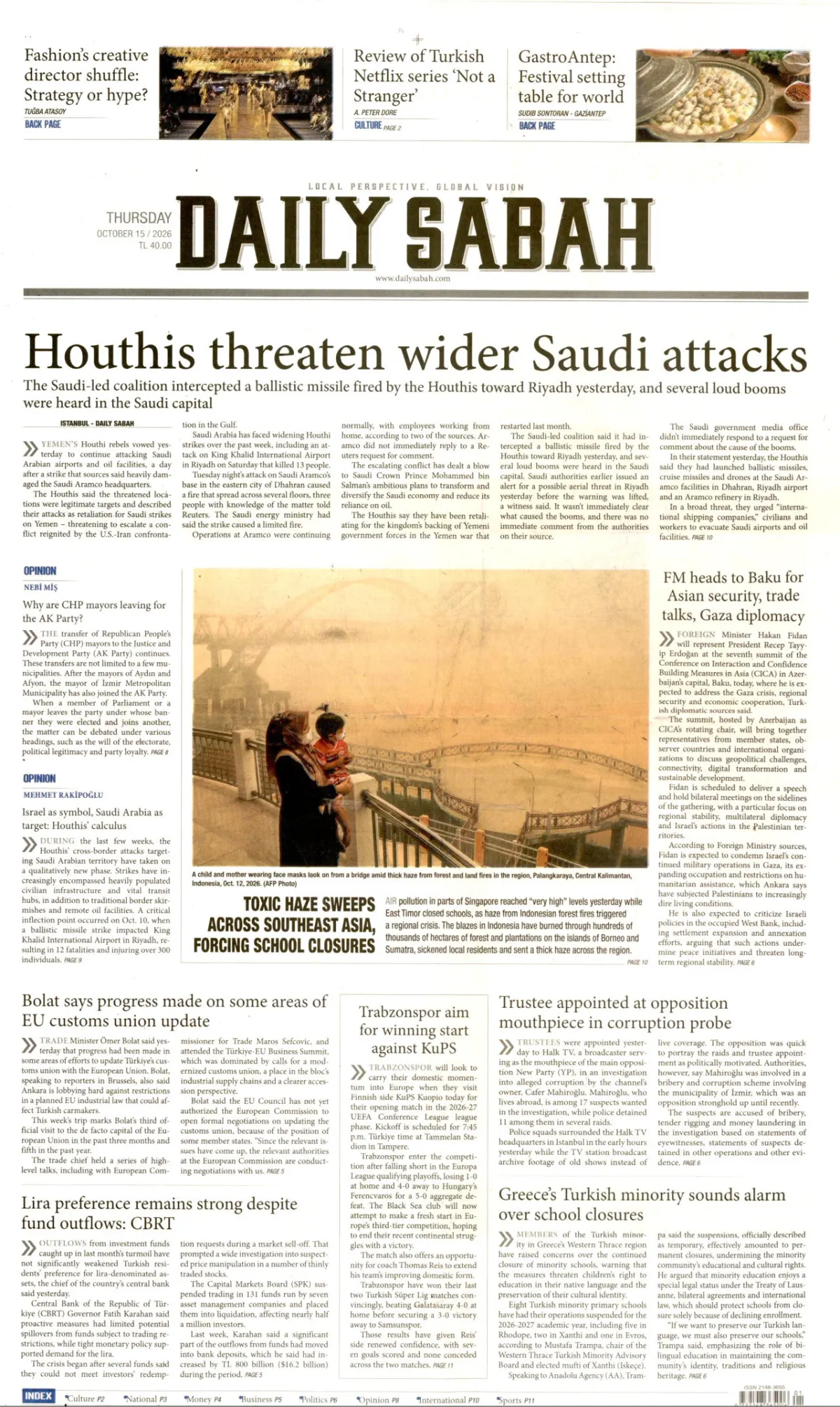 Daily Sabah birinci sayfa manşeti (16 Ekim 2026)