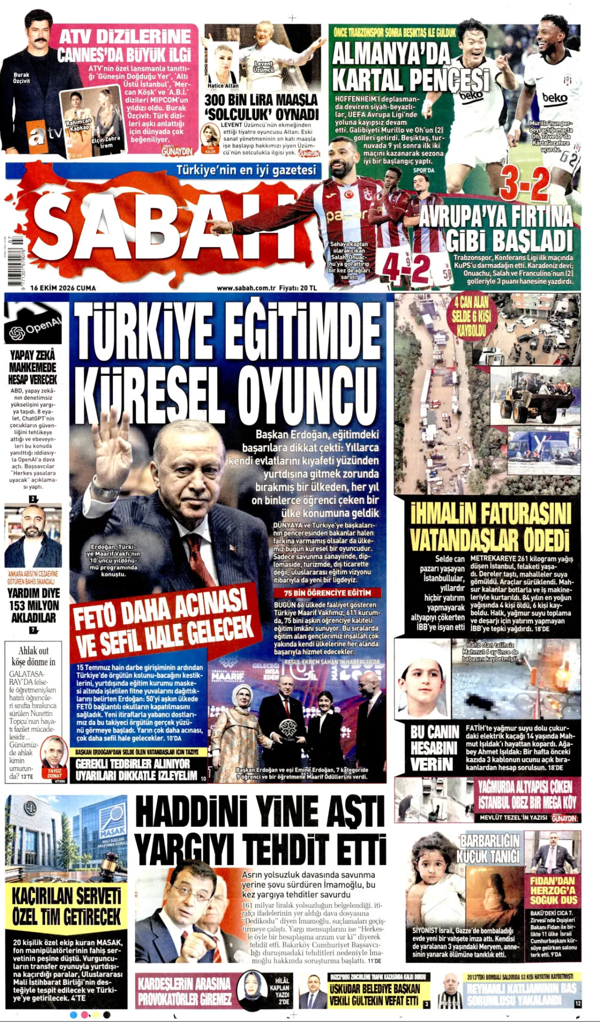 Sabah birinci sayfa manşeti (17 Ekim 2026)