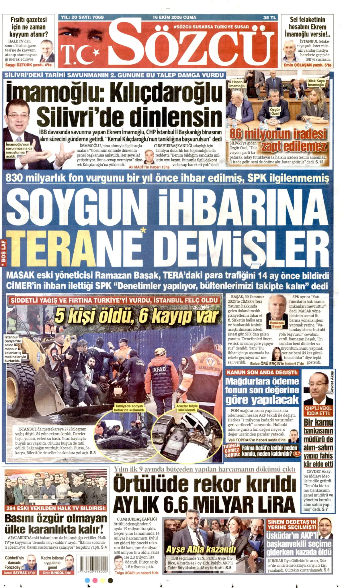 Sözcü birinci sayfa manşeti (17 Ekim 2026)