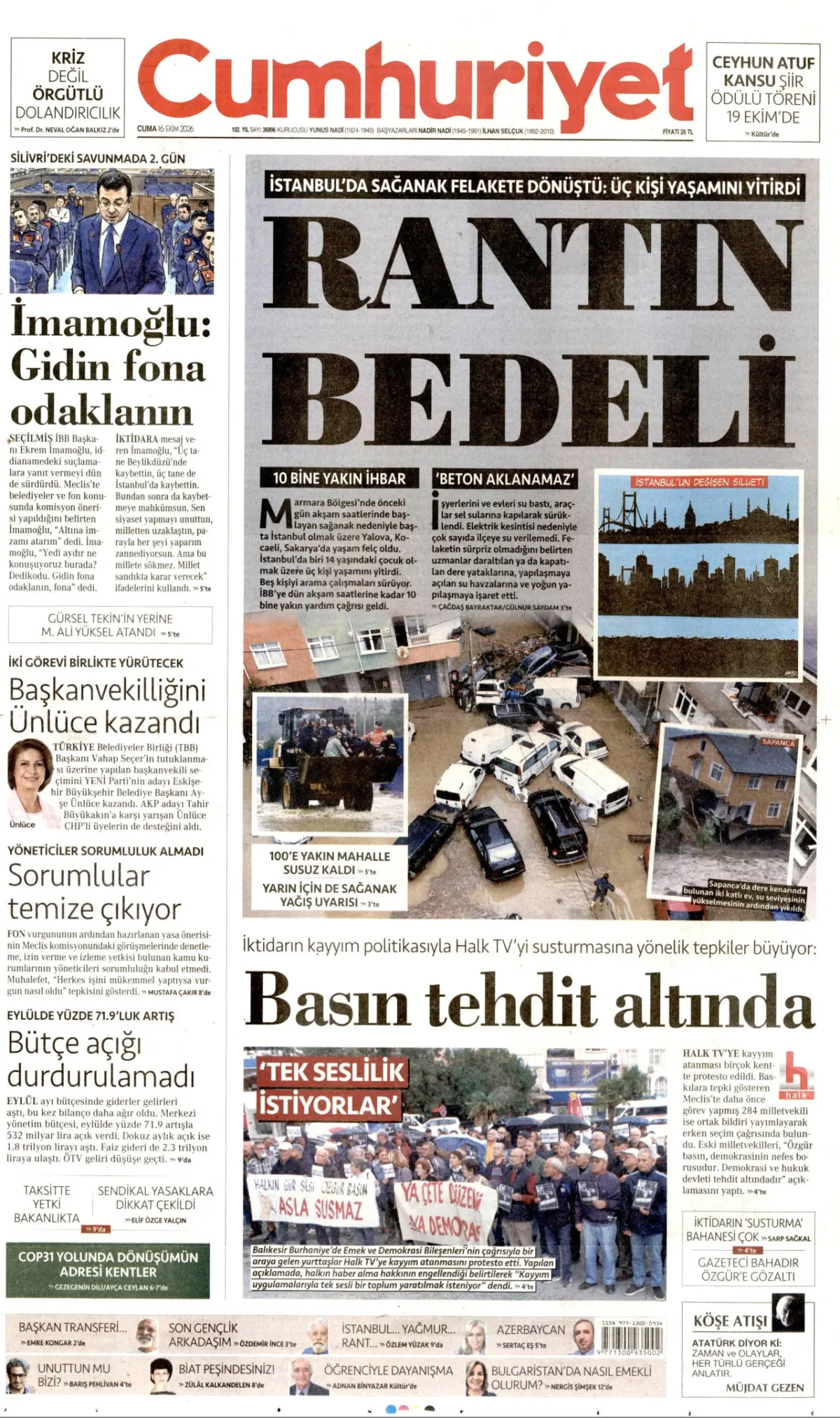 Cumhuriyet birinci sayfa manşeti (17 Ekim 2026)